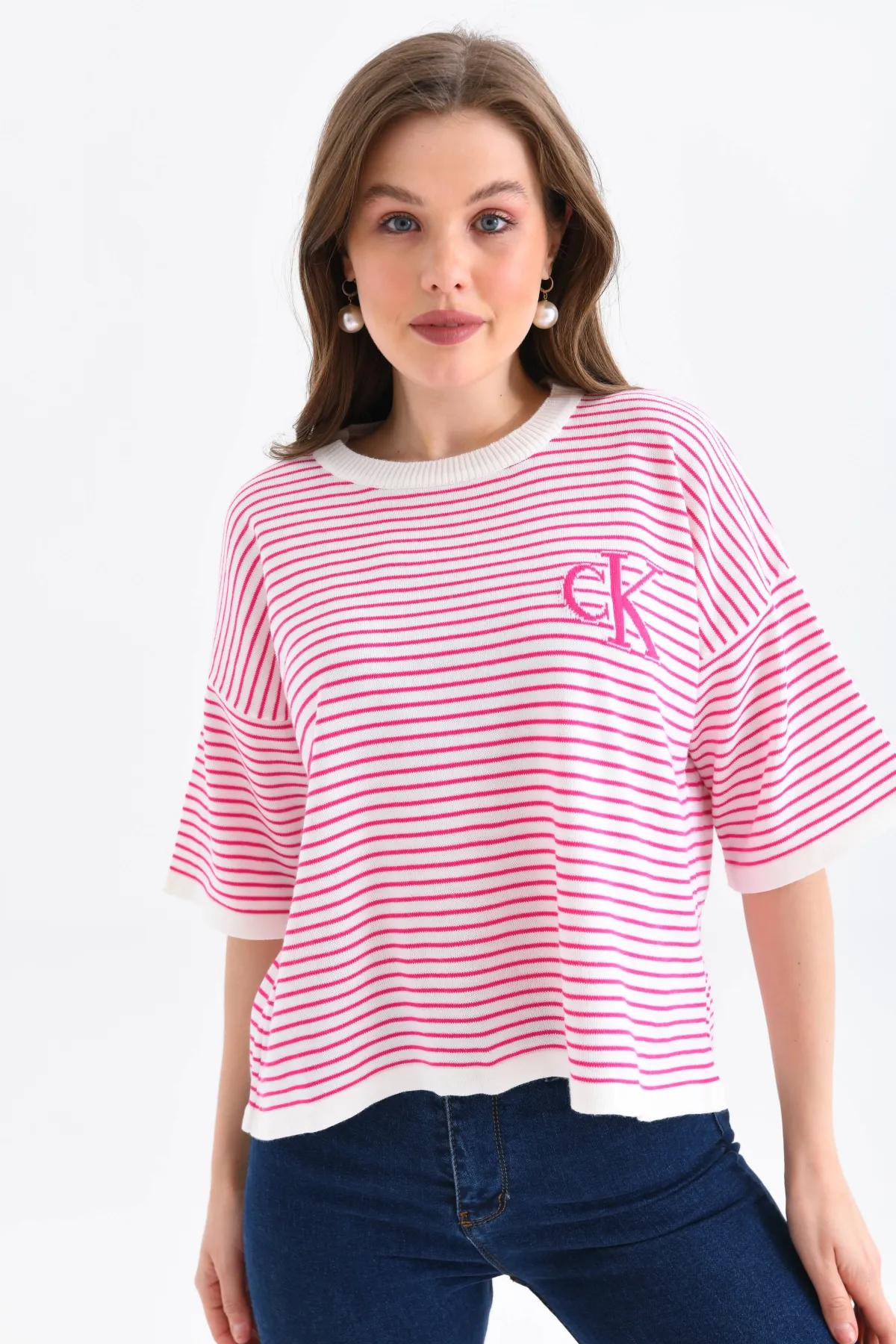 Kadın Bisiklet Yaka Çizgili Oversize Triko Kazak 10160