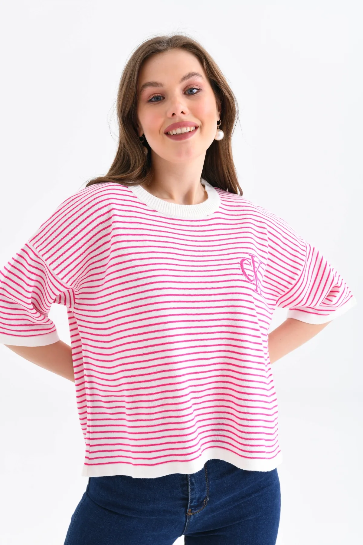 Kadın Bisiklet Yaka Çizgili Oversize Triko Kazak 10160