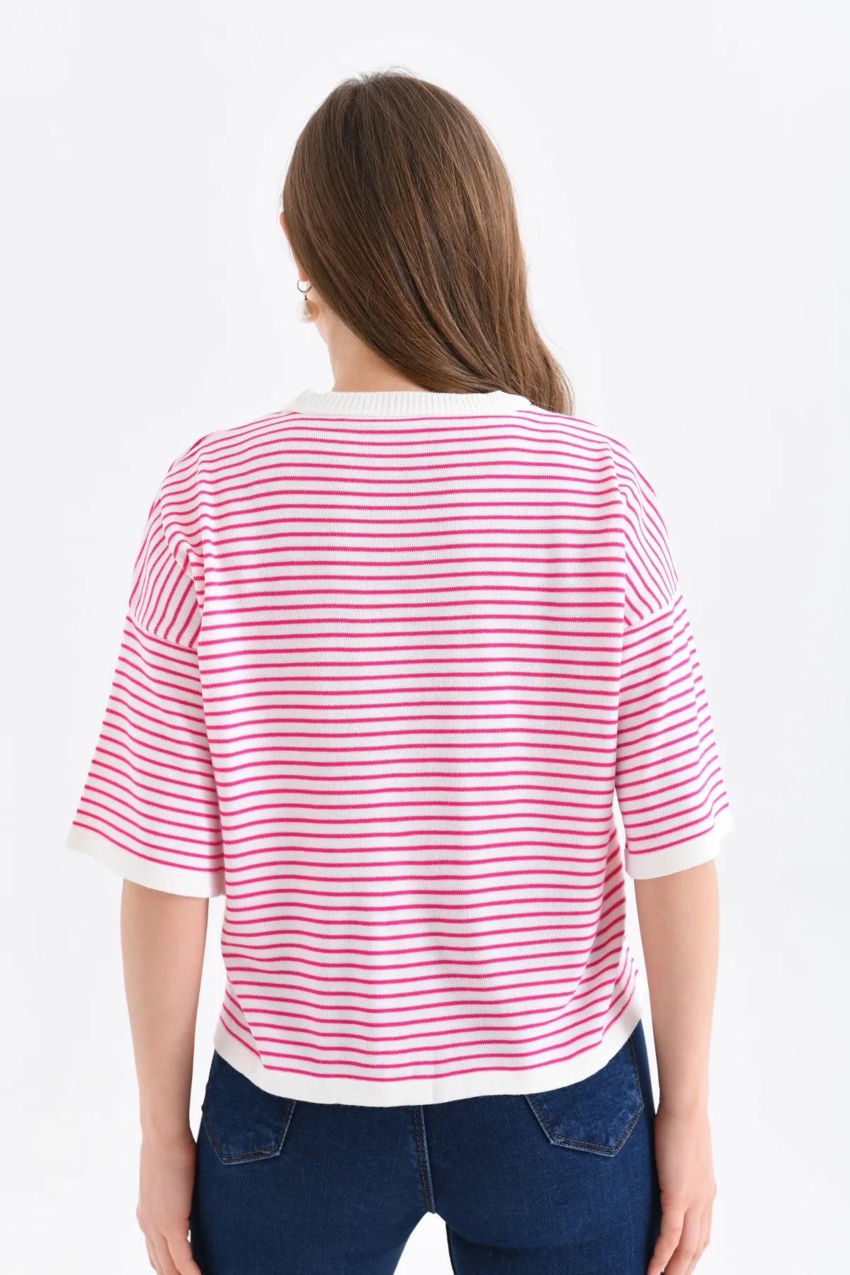 Kadın Bisiklet Yaka Çizgili Oversize Triko Kazak 10160