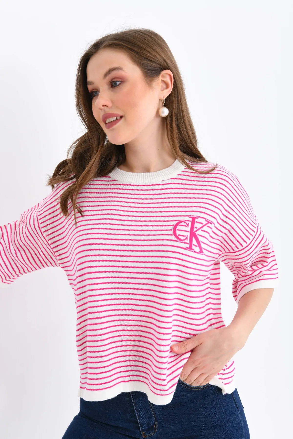 Kadın Bisiklet Yaka Çizgili Oversize Triko Kazak 10160
