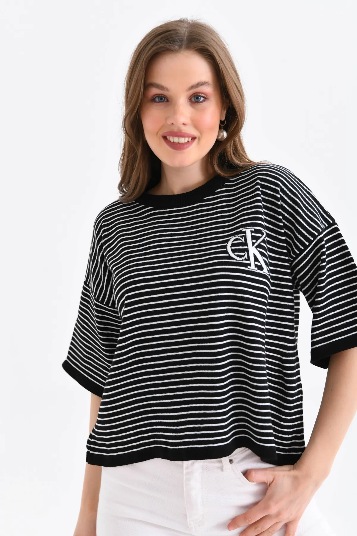 Kadın Bisiklet Yaka Çizgili Oversize Triko Kazak 10160