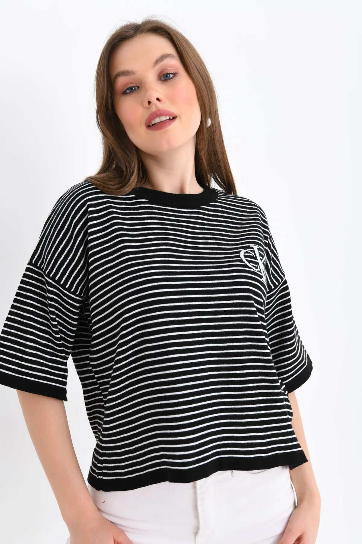 Kadın Bisiklet Yaka Çizgili Oversize Triko Kazak 10160