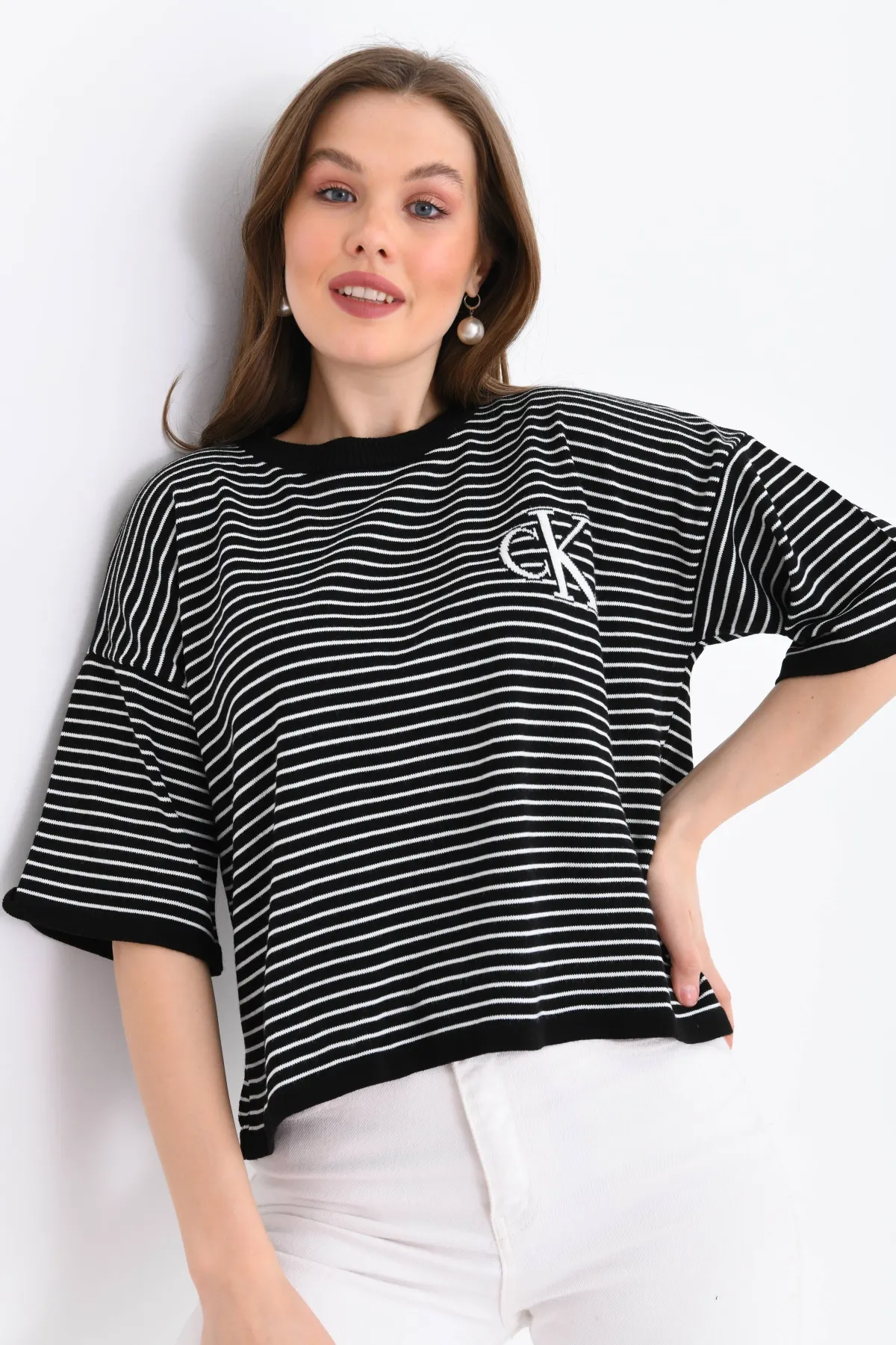 Kadın Bisiklet Yaka Çizgili Oversize Triko Kazak 10160