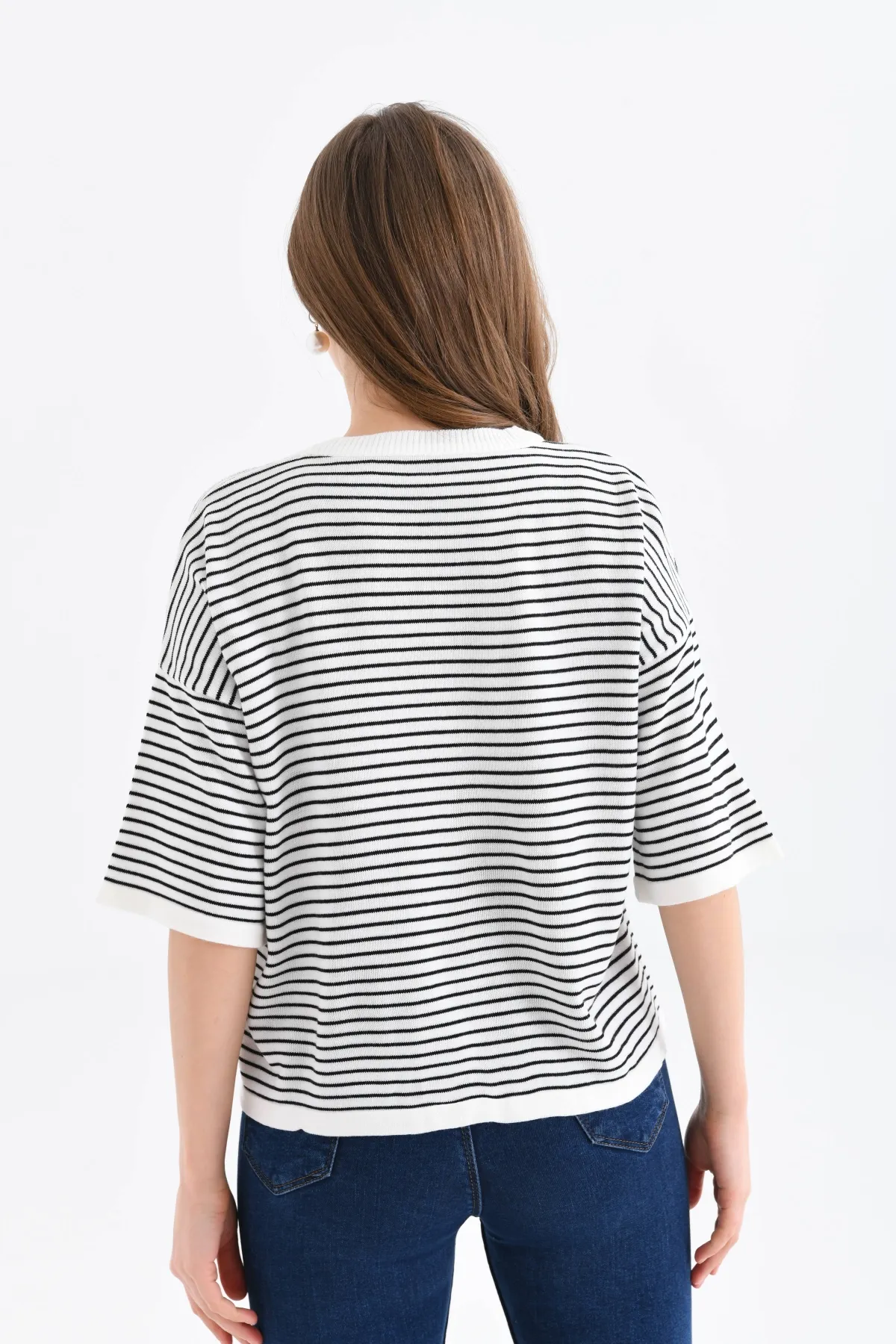 Kadın Bisiklet Yaka Çizgili Oversize Triko Kazak 10160