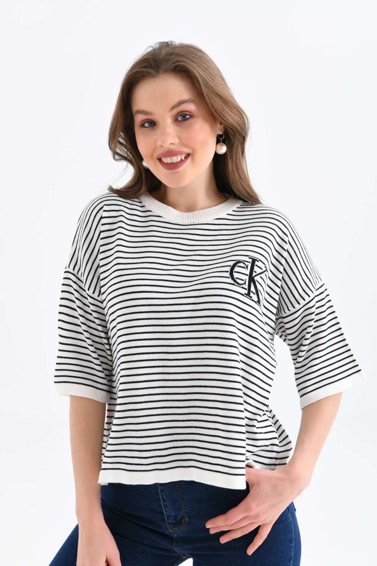 Kadın Bisiklet Yaka Çizgili Oversize Triko Kazak 10160