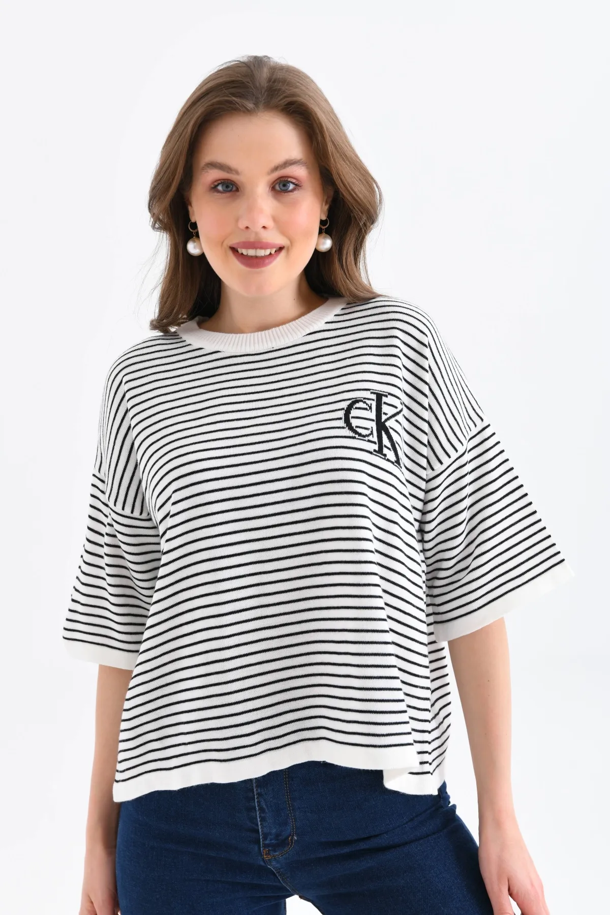 Kadın Bisiklet Yaka Çizgili Oversize Triko Kazak 10160