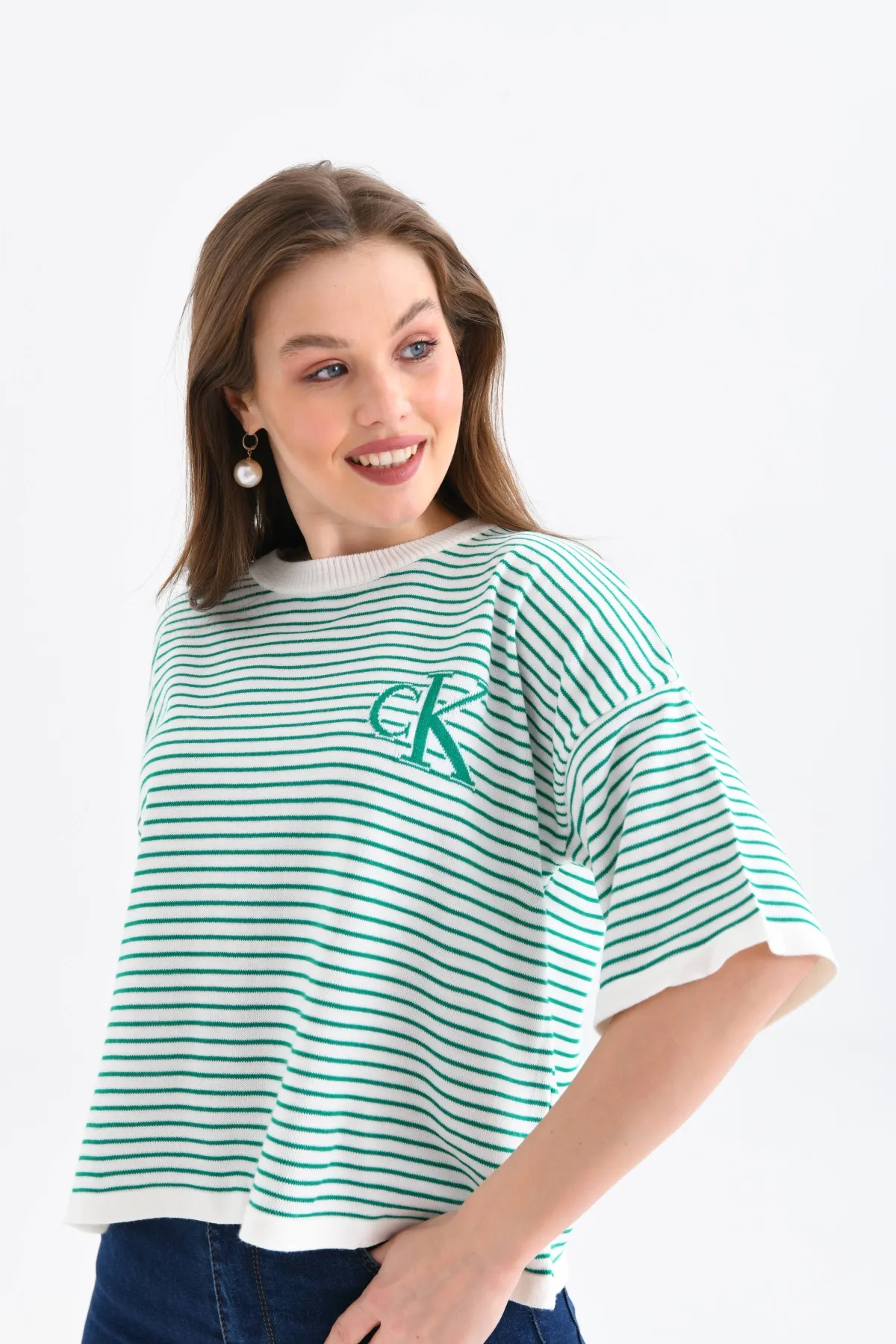 Kadın Bisiklet Yaka Çizgili Oversize Triko Kazak 10160