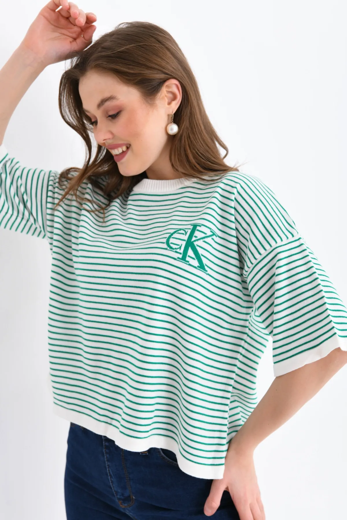 Kadın Bisiklet Yaka Çizgili Oversize Triko Kazak 10160