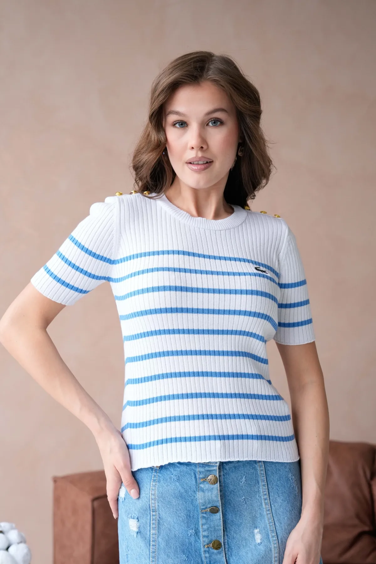 Kadın Bisiklet Yaka Omuzları Düğme Detaylı Sim Fit Triko Kazak 12034.Ctn