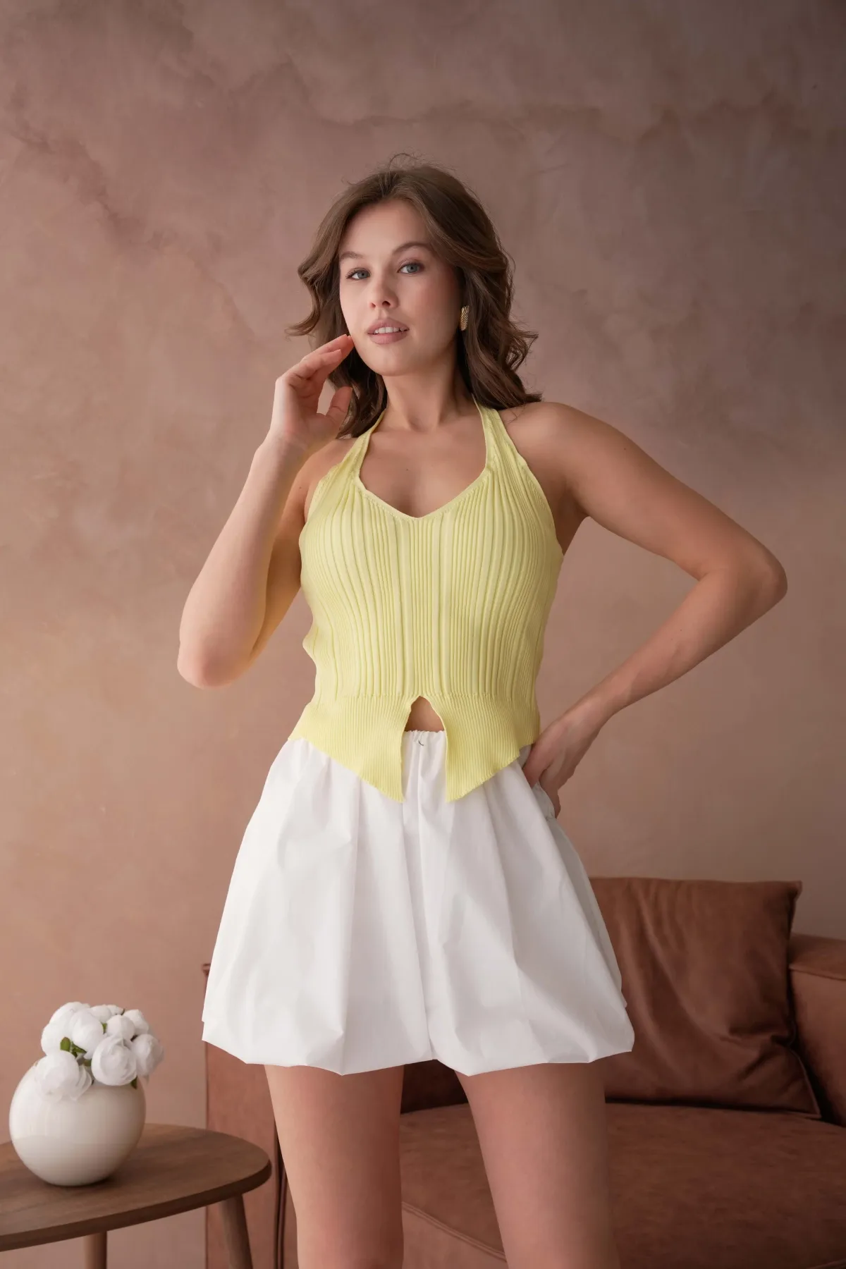 Kadın V Yaka Omuz Askılı Crop Top Body Triko 12119