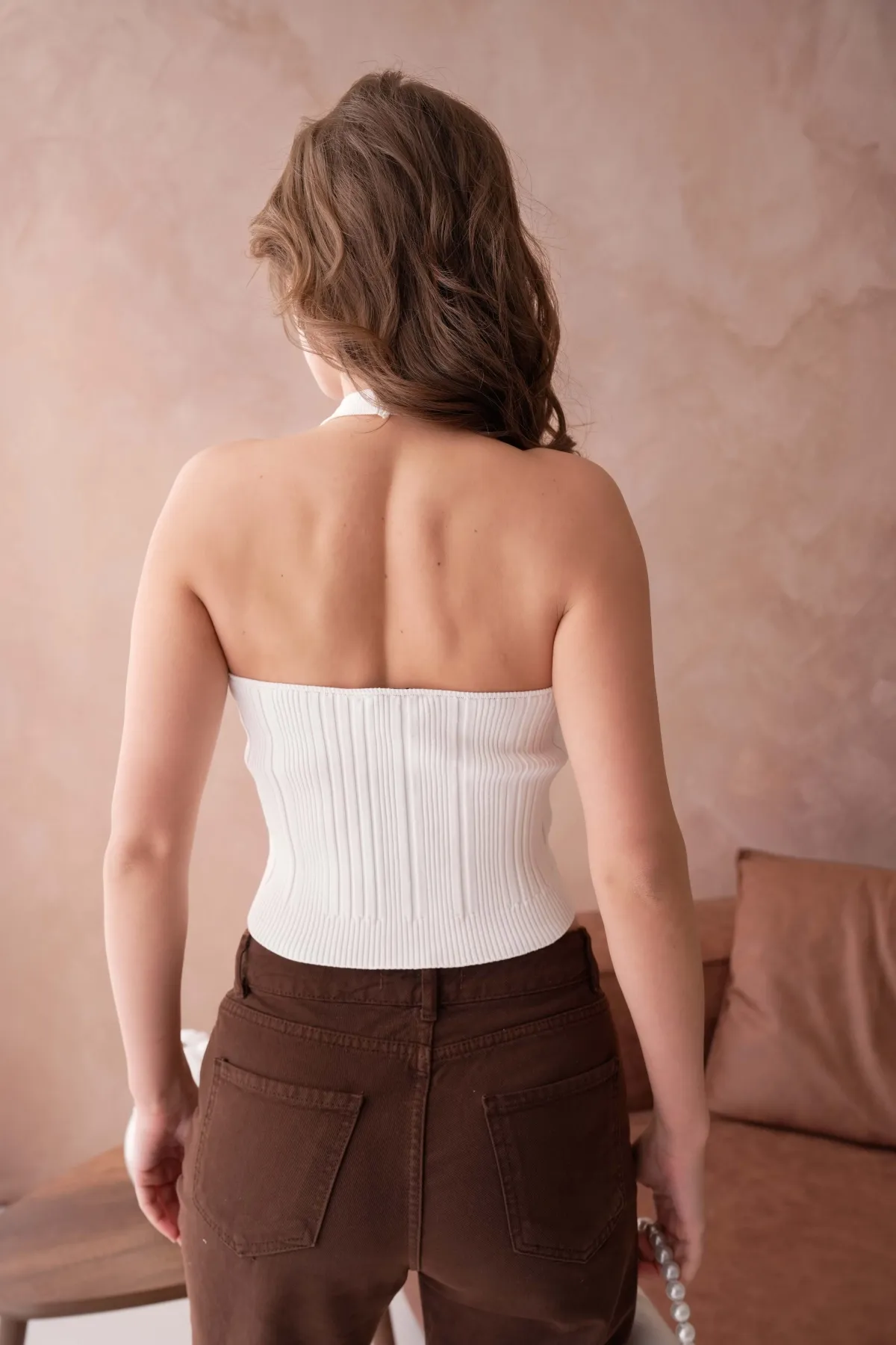 Kadın V Yaka Omuz Askılı Crop Top Body Triko 12119