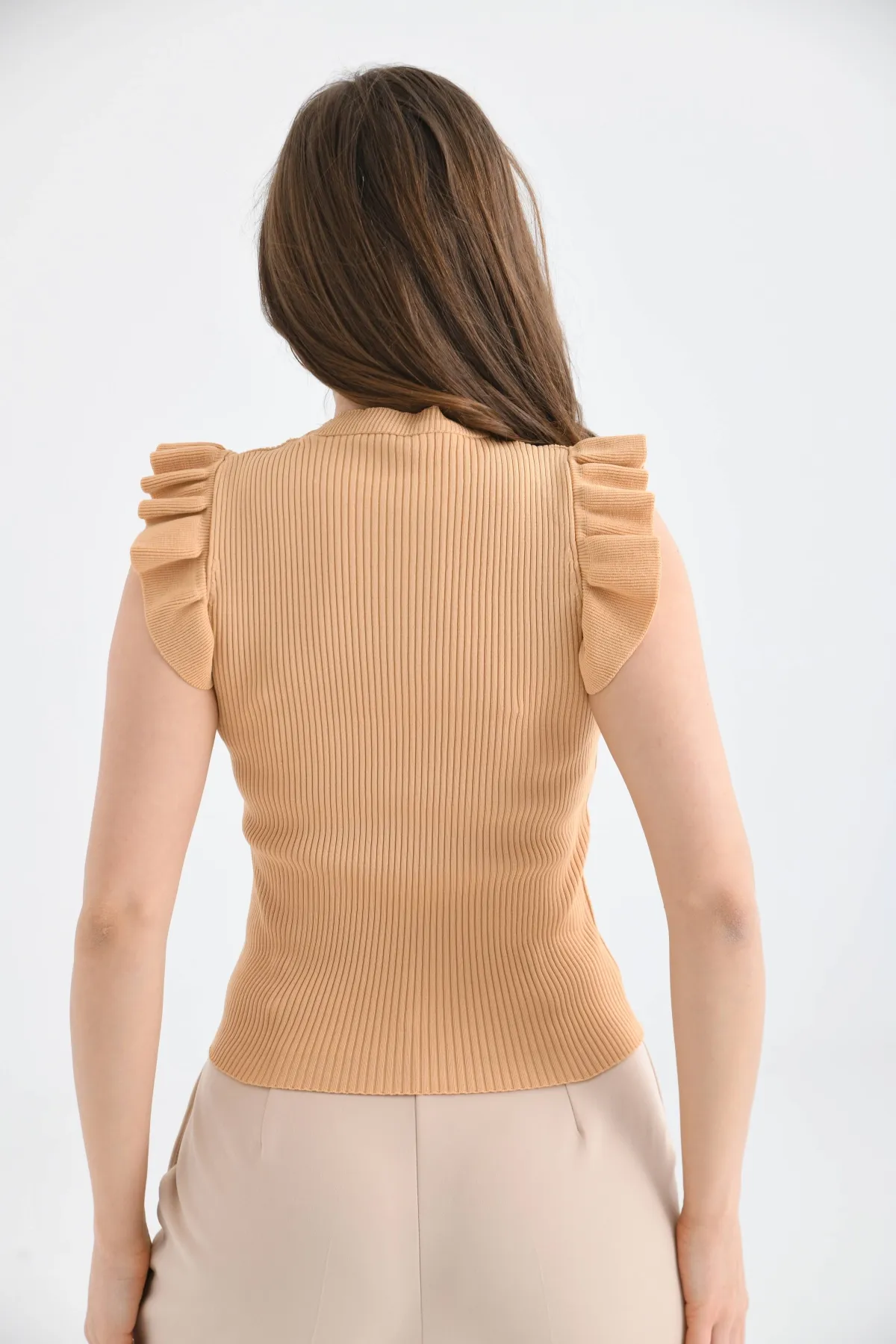 Kadın Bisiklet Yaka Zincir Detay omuzları Fırfırlı Triko Kazak 16668