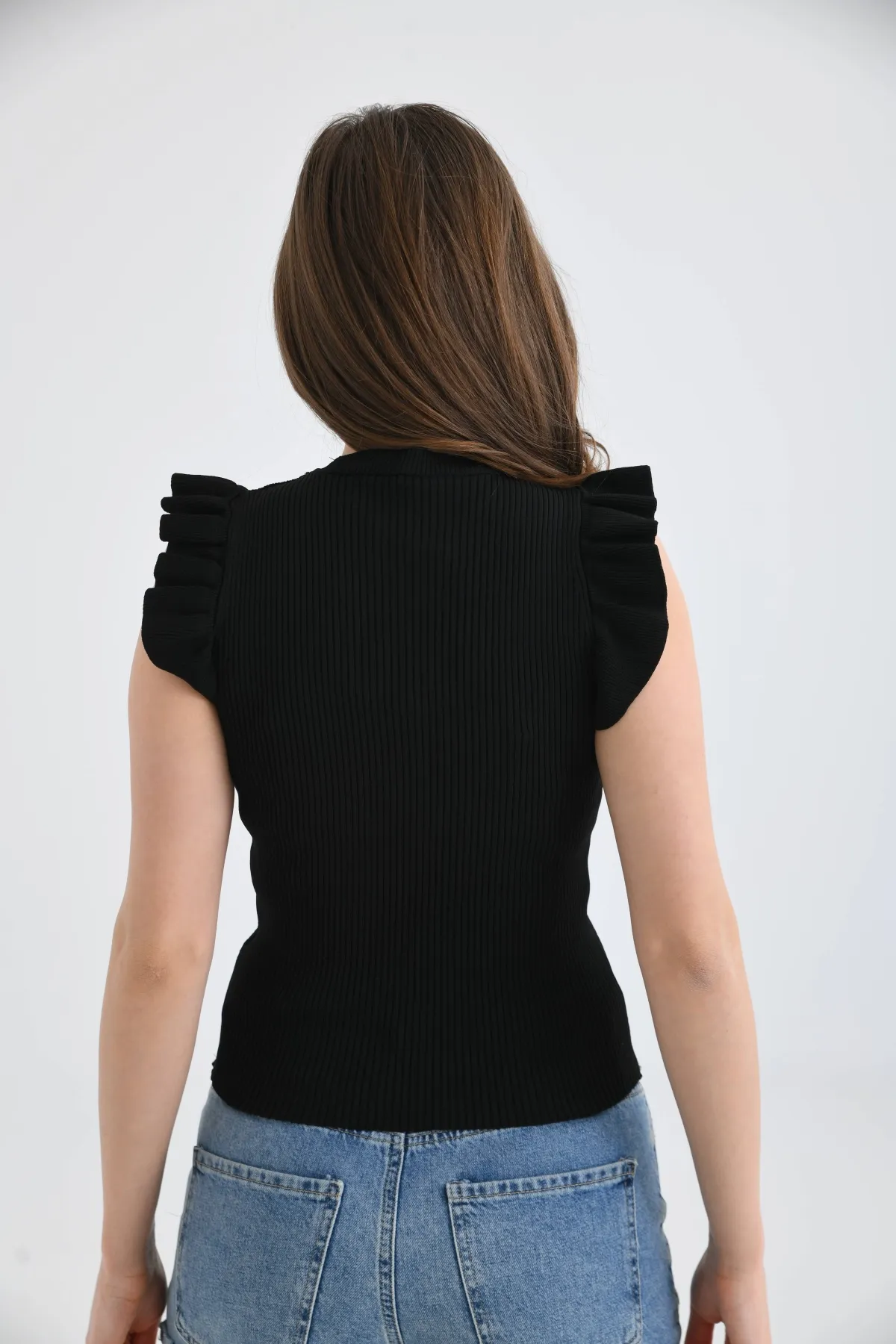 Kadın Bisiklet Yaka Zincir Detay omuzları Fırfırlı Triko Kazak 16668