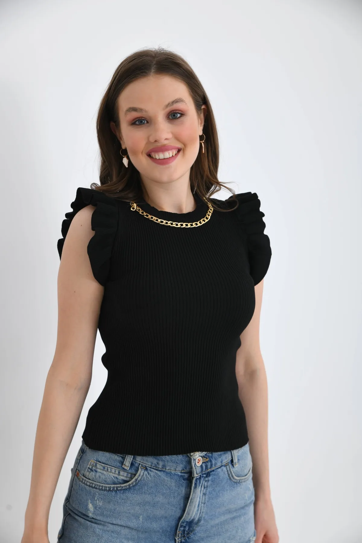 Kadın Bisiklet Yaka Zincir Detay omuzları Fırfırlı Triko Kazak 16668