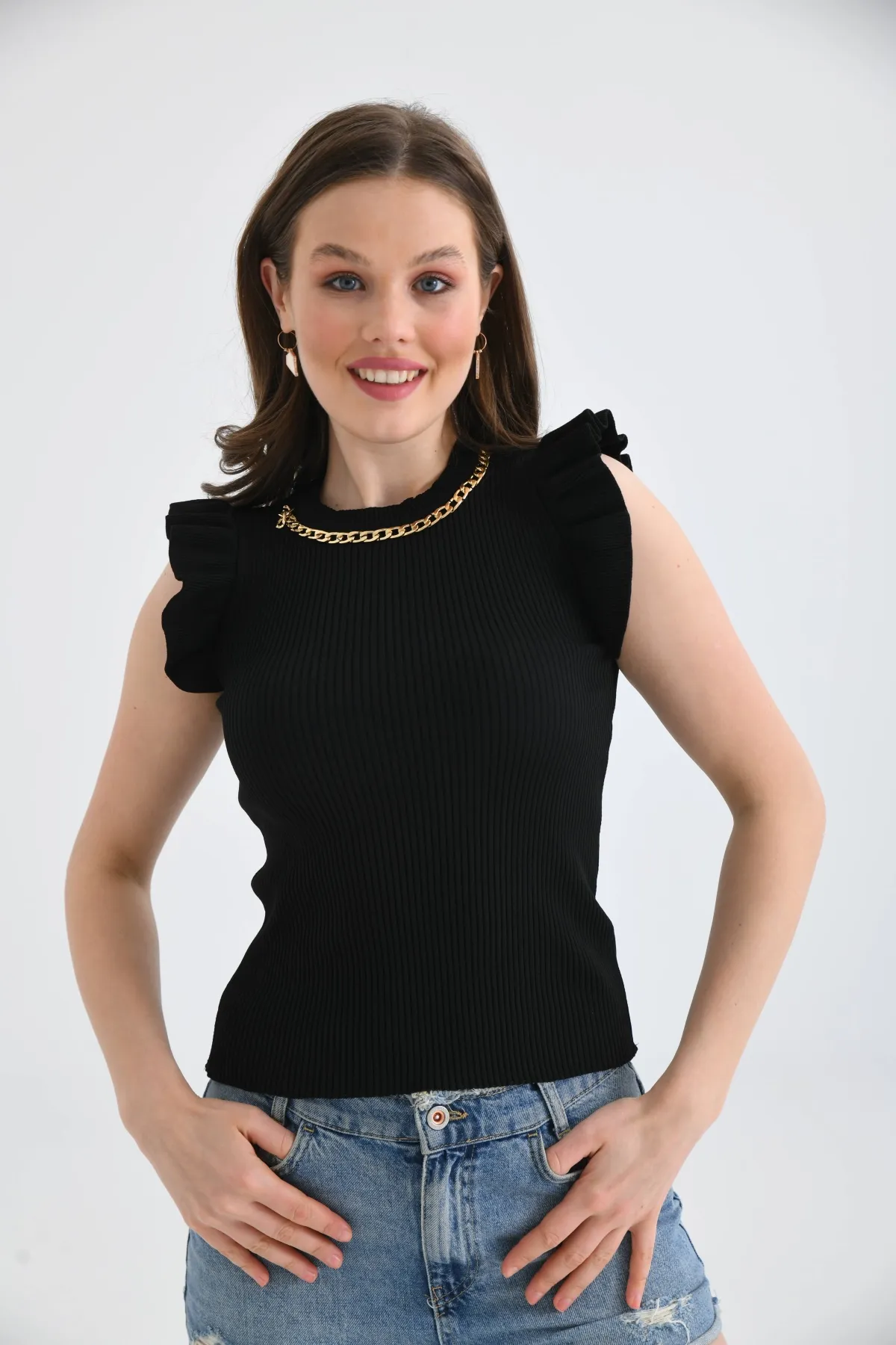 Kadın Bisiklet Yaka Zincir Detay omuzları Fırfırlı Triko Kazak 16668