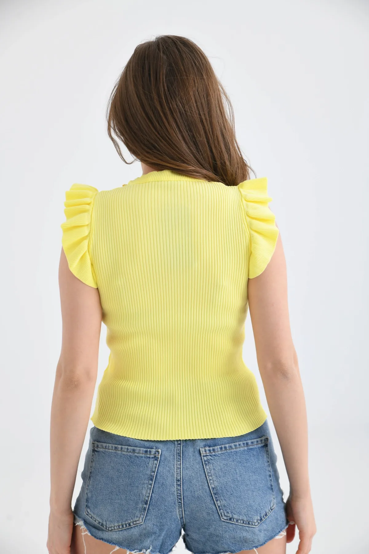 Kadın Bisiklet Yaka Zincir Detay omuzları Fırfırlı Triko Kazak 16668