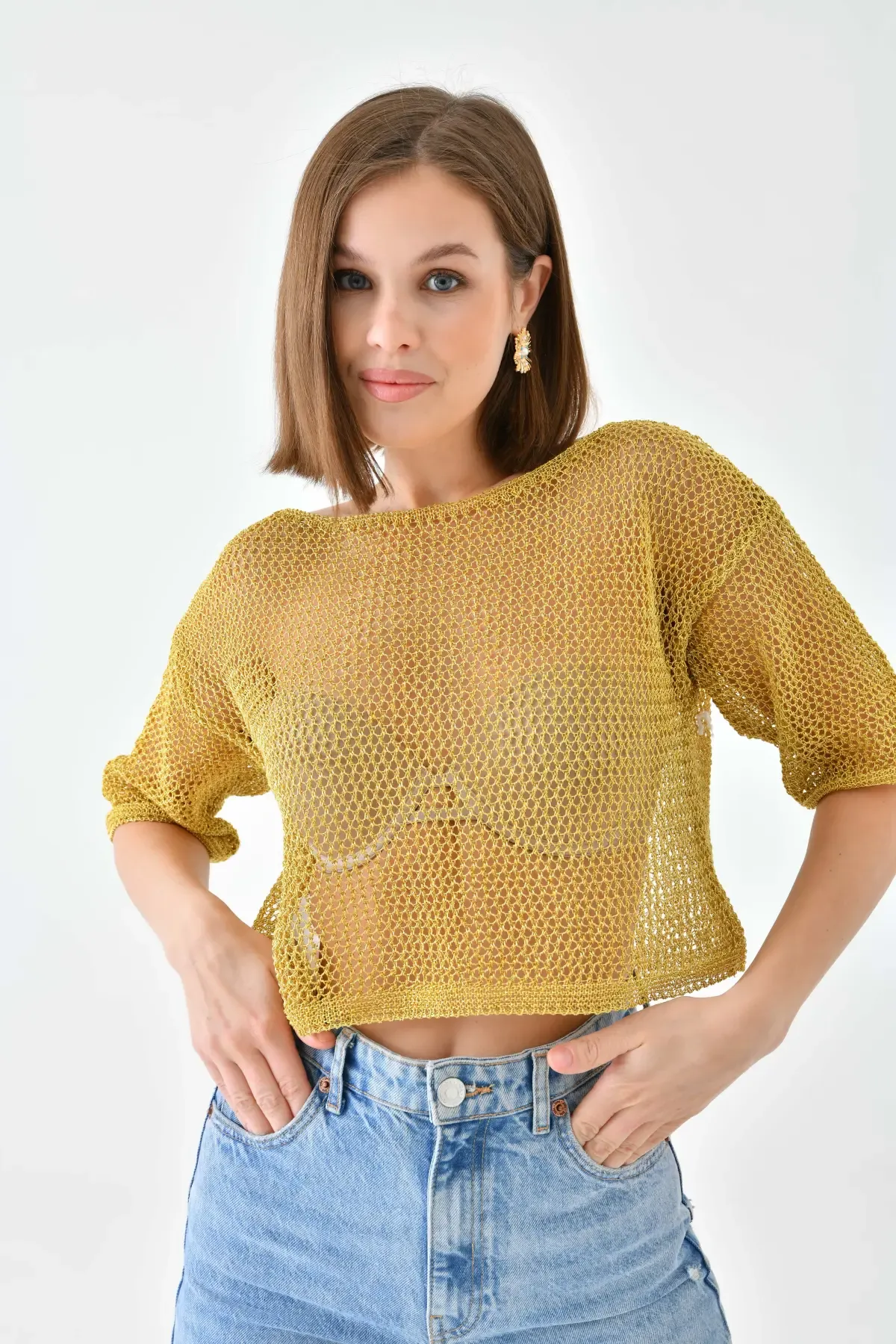 Kadın Kayık Yaka Simli Transparan Crop Triko Kazak 8172Sw