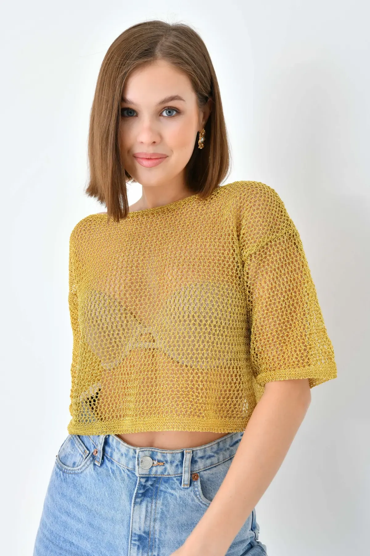 Kadın Kayık Yaka Simli Transparan Crop Triko Kazak 8172Sw