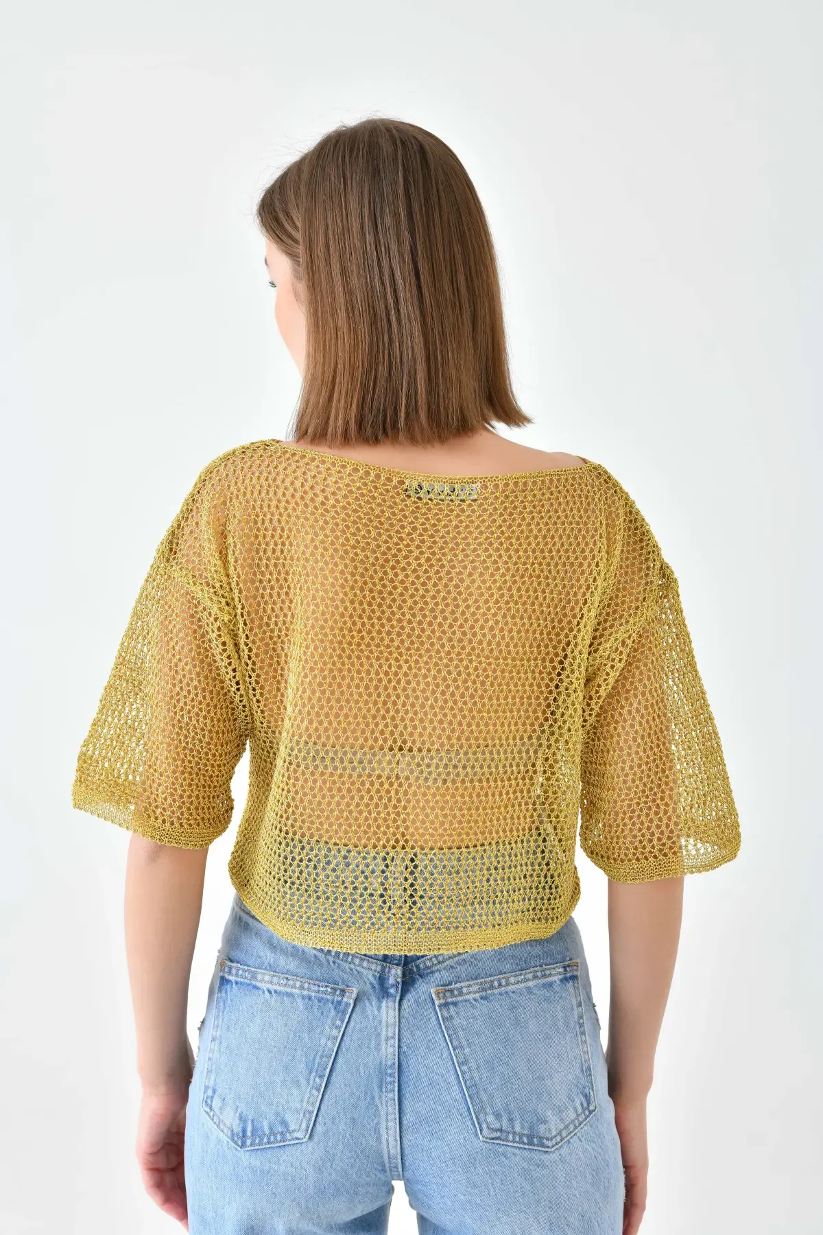 Kadın Kayık Yaka Simli Transparan Crop Triko Kazak 8172Sw