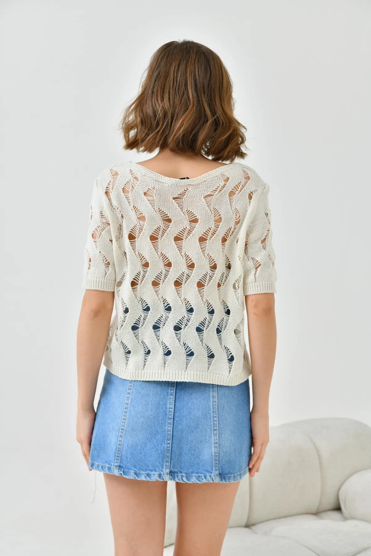 Kadın Bisiklet Yaka Örgü Detay Ajurlu Triko Buz 8220Sw