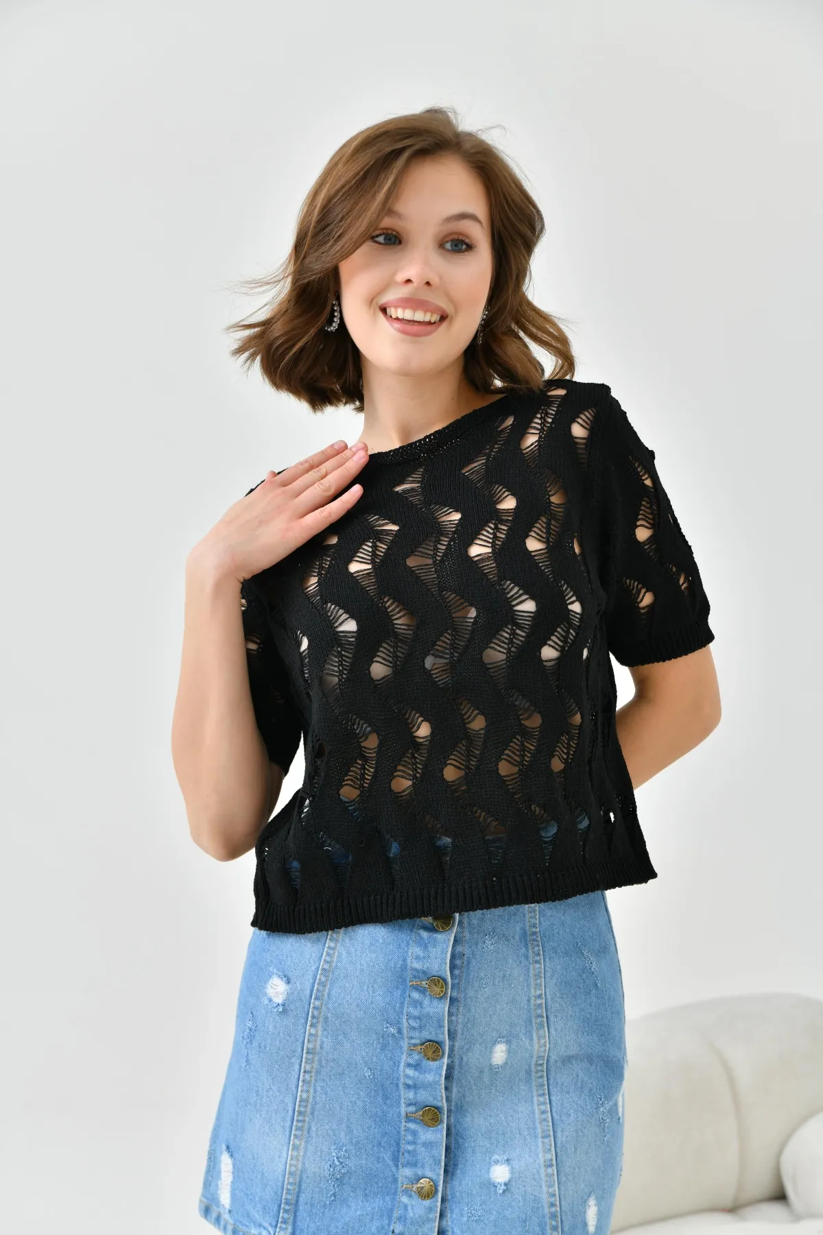 Kadın Bisiklet Yaka Örgü Detay Ajurlu Triko Buz 8220Sw