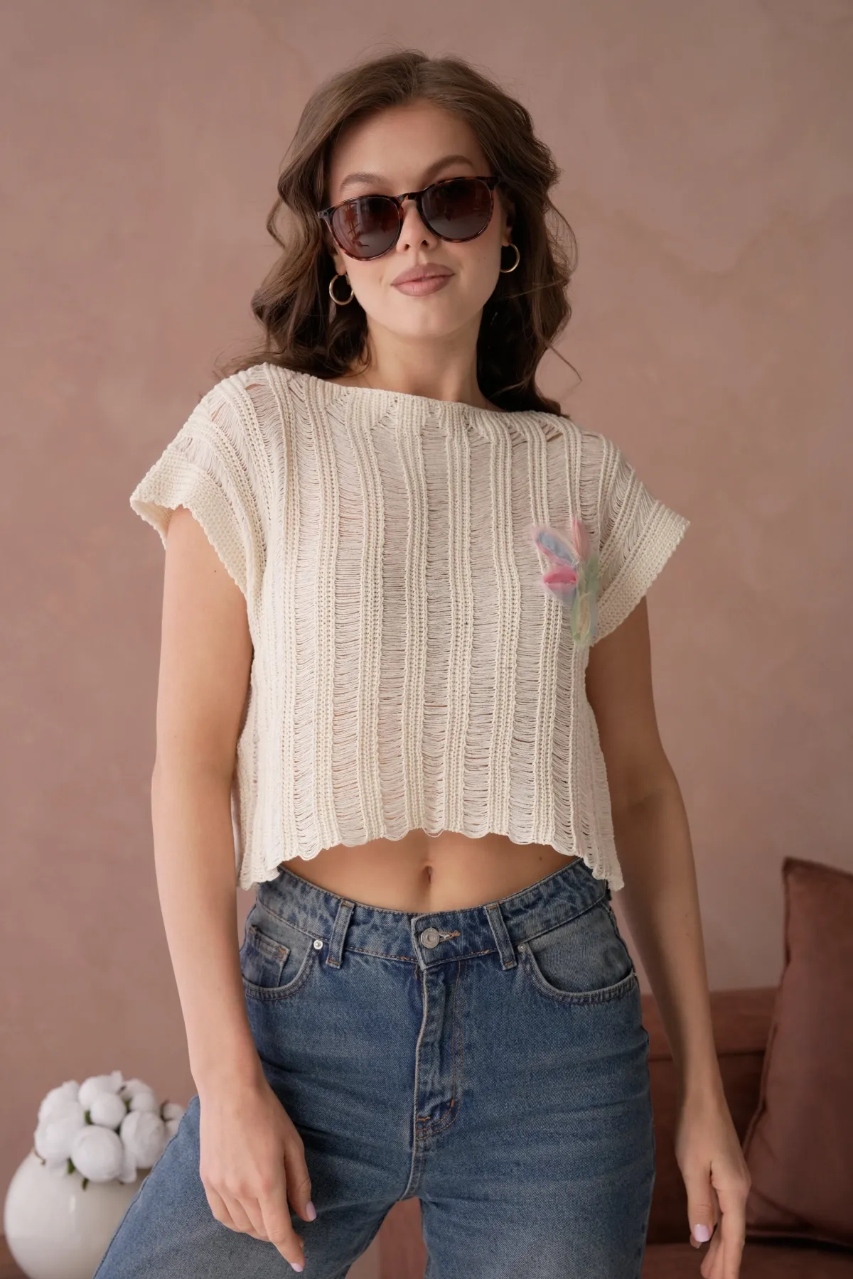 Kadın Kayık Yaka Ajurlu Crop Triko Bluz 8241Sw