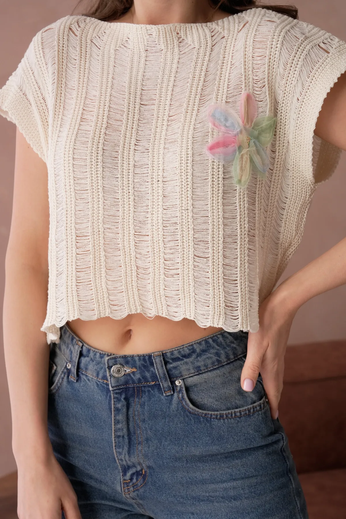 Kadın Kayık Yaka Ajurlu Crop Triko Bluz 8241Sw