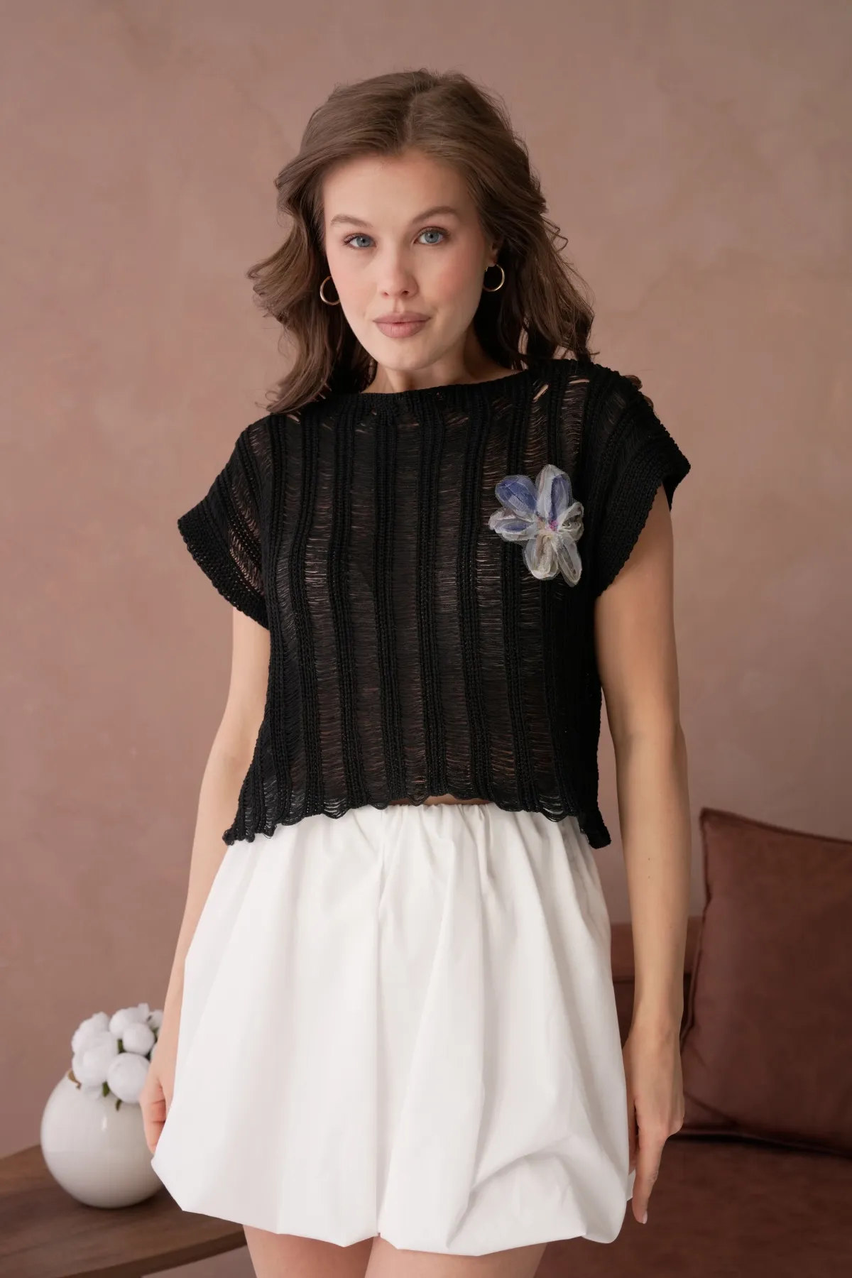 Kadın Kayık Yaka Ajurlu Crop Triko Bluz 8241Sw