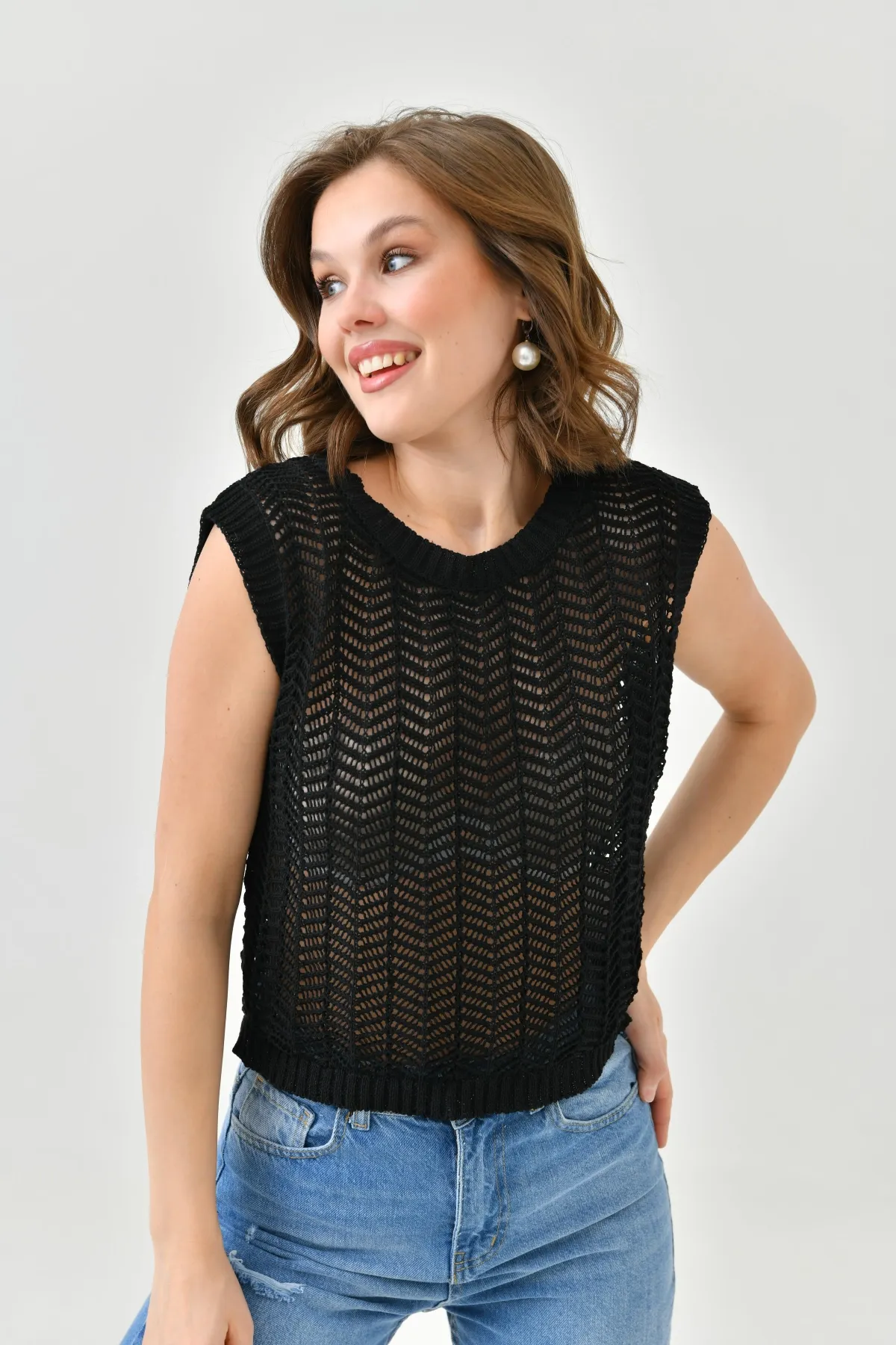 Kadın Bisiklet Yaka Ajurlu Crop Triko Bluz 8247Sw