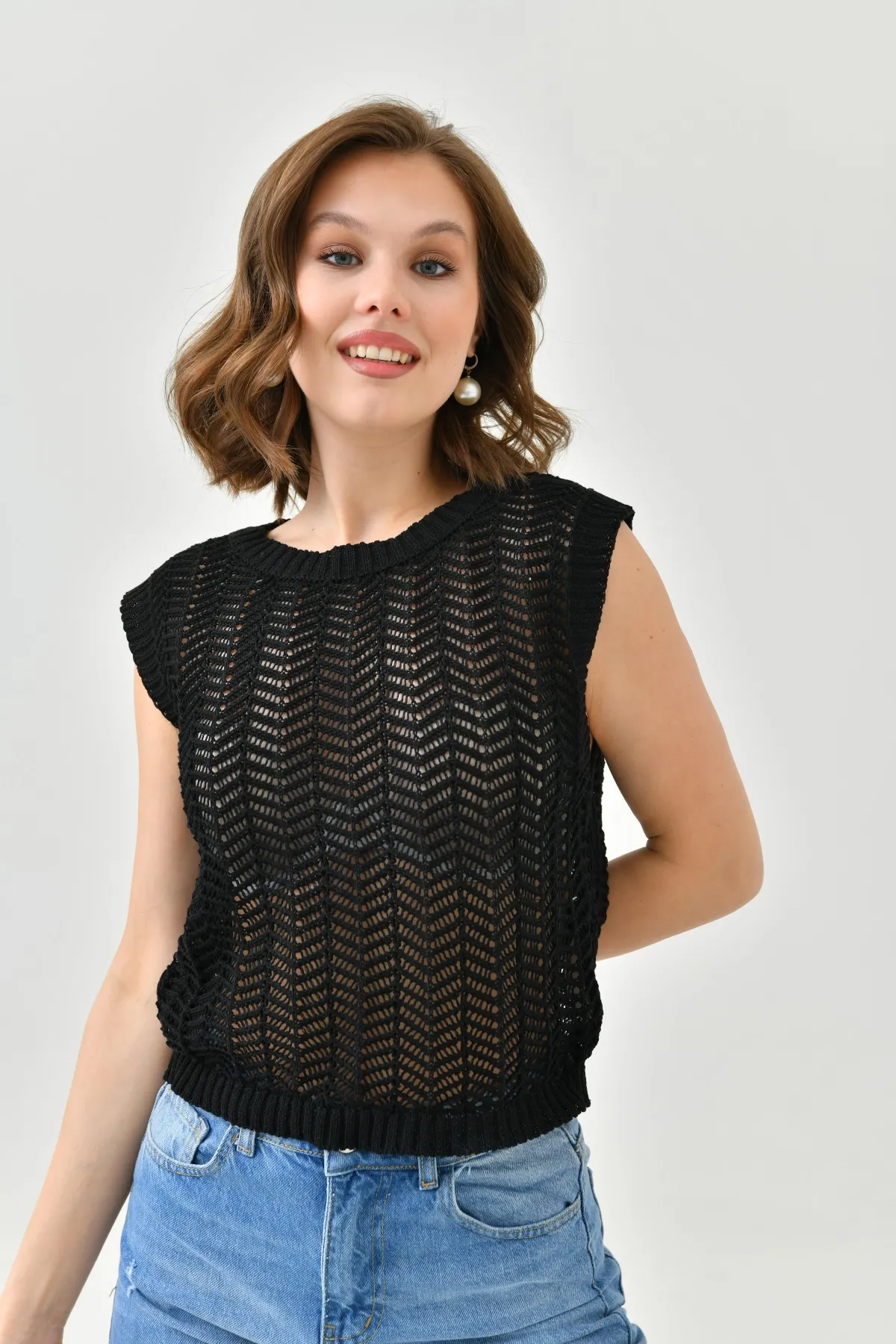 Kadın Bisiklet Yaka Ajurlu Crop Triko Bluz 8247Sw