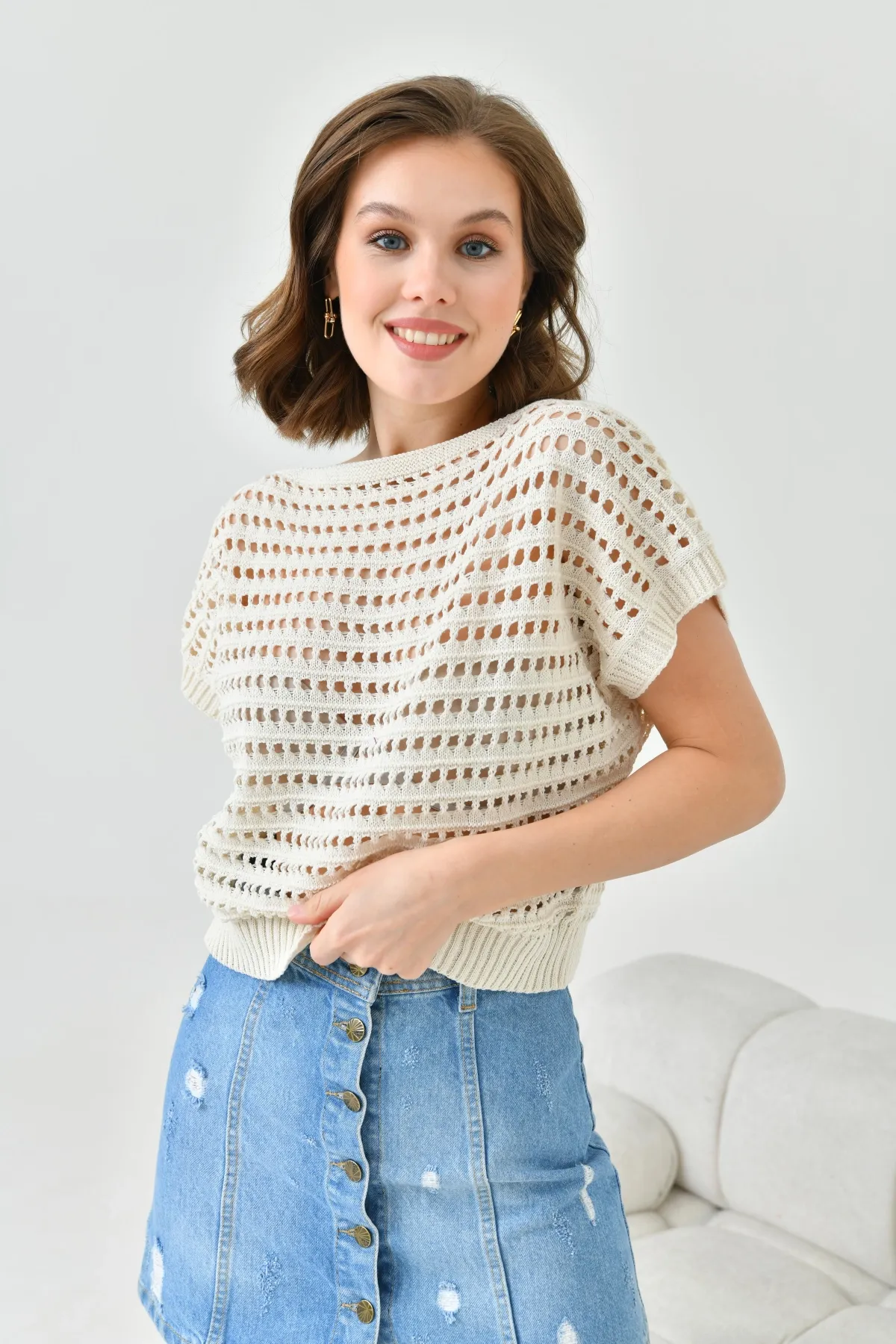 Kadın Kayık Yaka Ajurlu Crop Triko Bluz 8249Sw