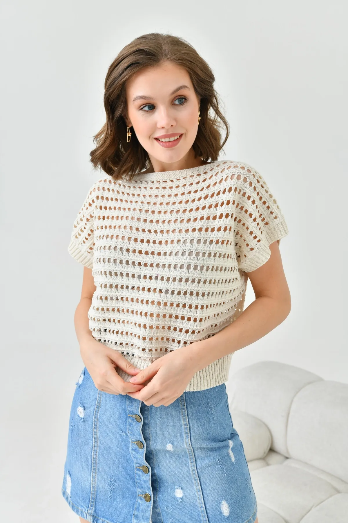 Kadın Kayık Yaka Ajurlu Crop Triko Bluz 8249Sw