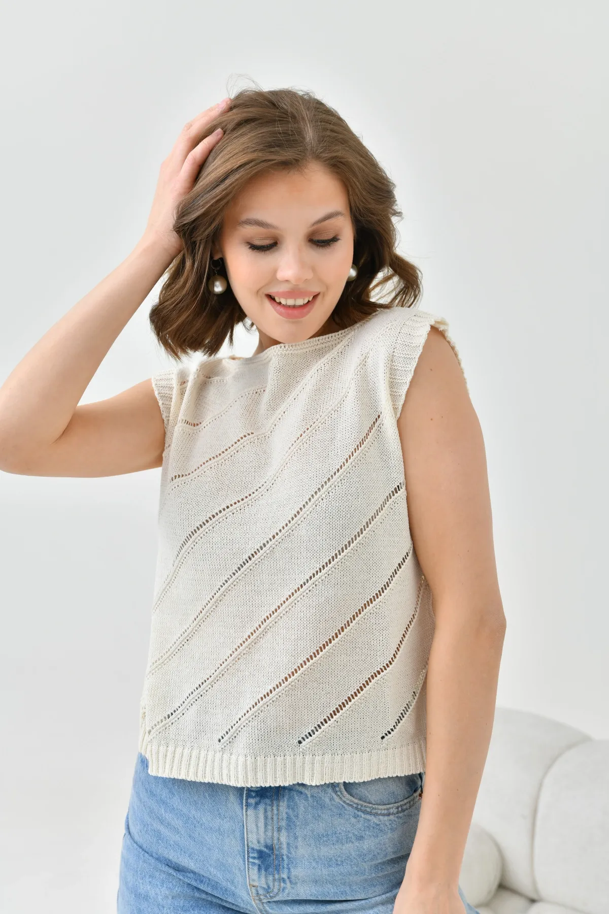 Kadın Bisiklet Yaka Örgü Detay Ajurlu Triko Sweater 8254Sw