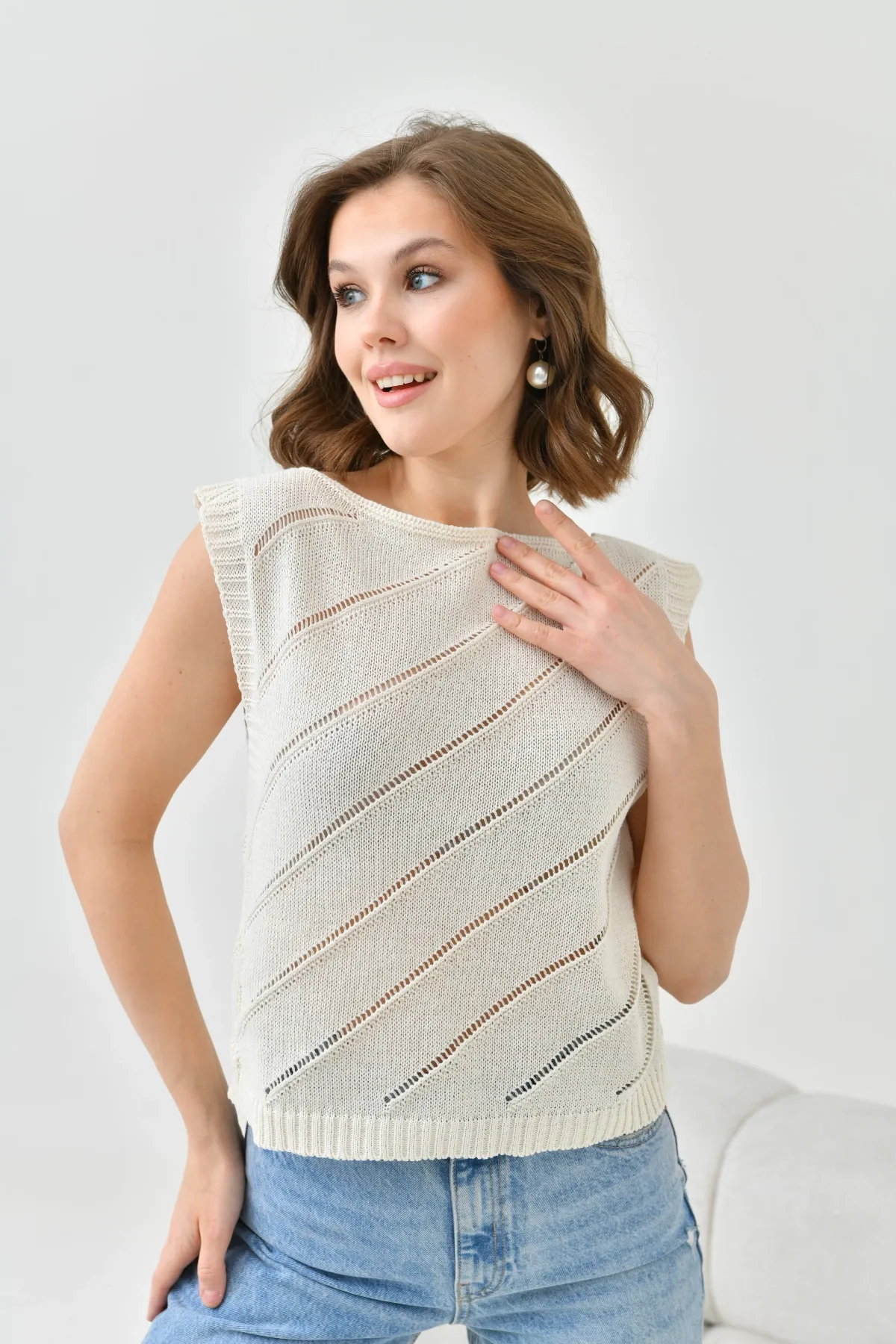 Kadın Bisiklet Yaka Örgü Detay Ajurlu Triko Sweater 8254Sw