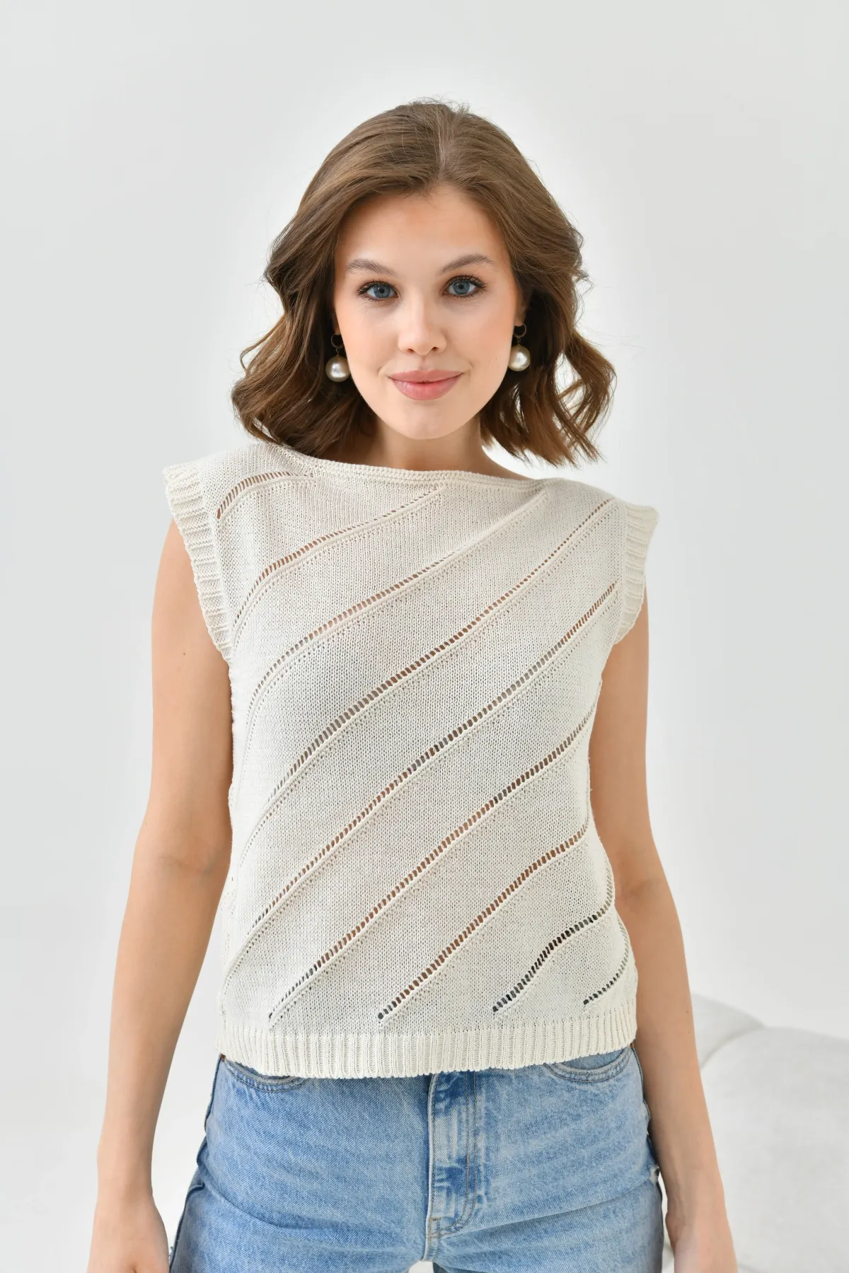 Kadın Bisiklet Yaka Örgü Detay Ajurlu Triko Sweater 8254Sw