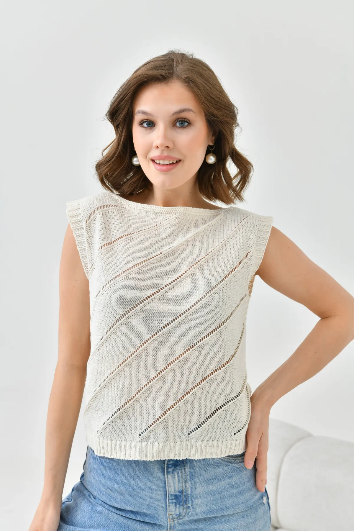 Kadın Bisiklet Yaka Örgü Detay Ajurlu Triko Sweater 8254Sw