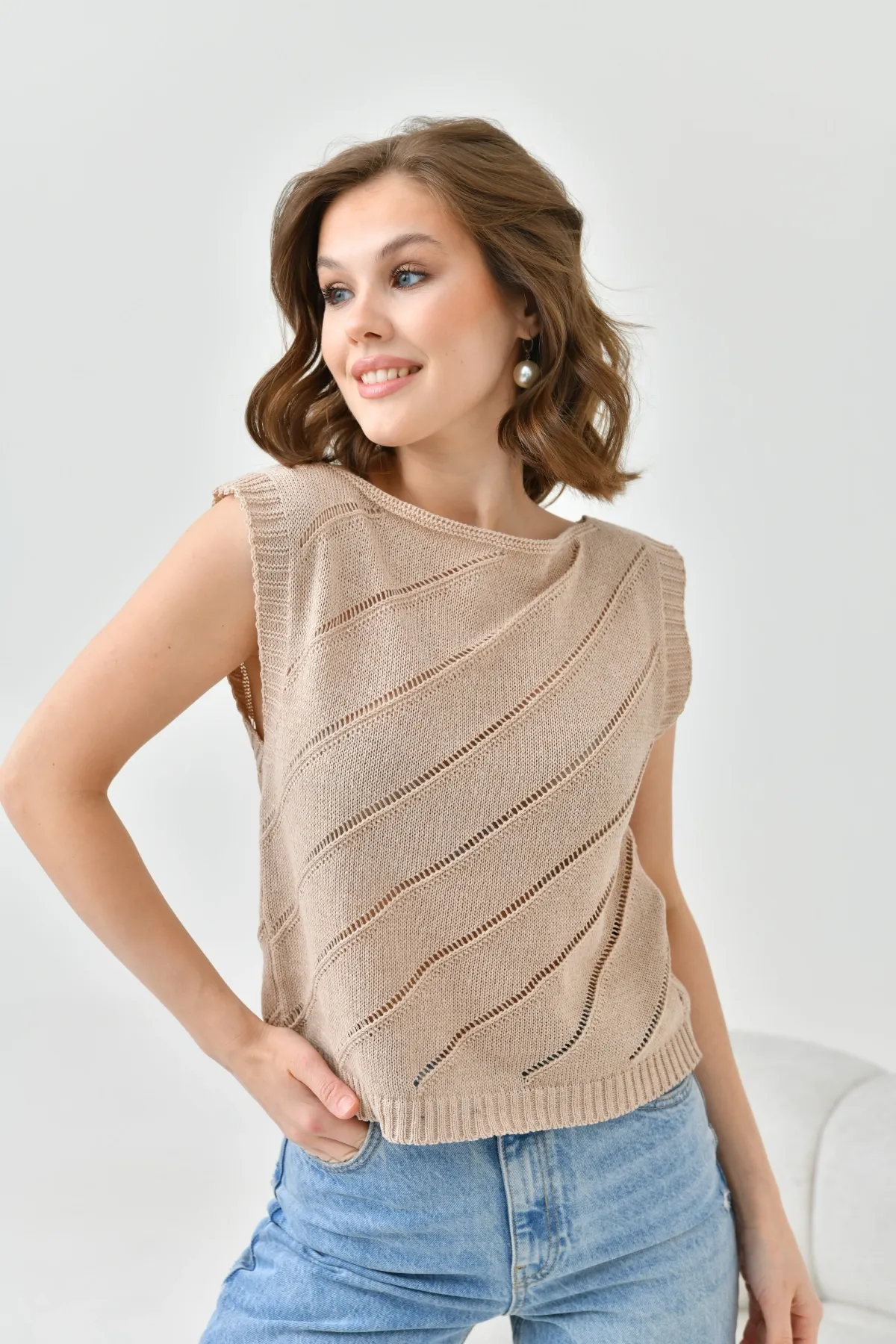 Kadın Bisiklet Yaka Örgü Detay Ajurlu Triko Sweater 8254Sw