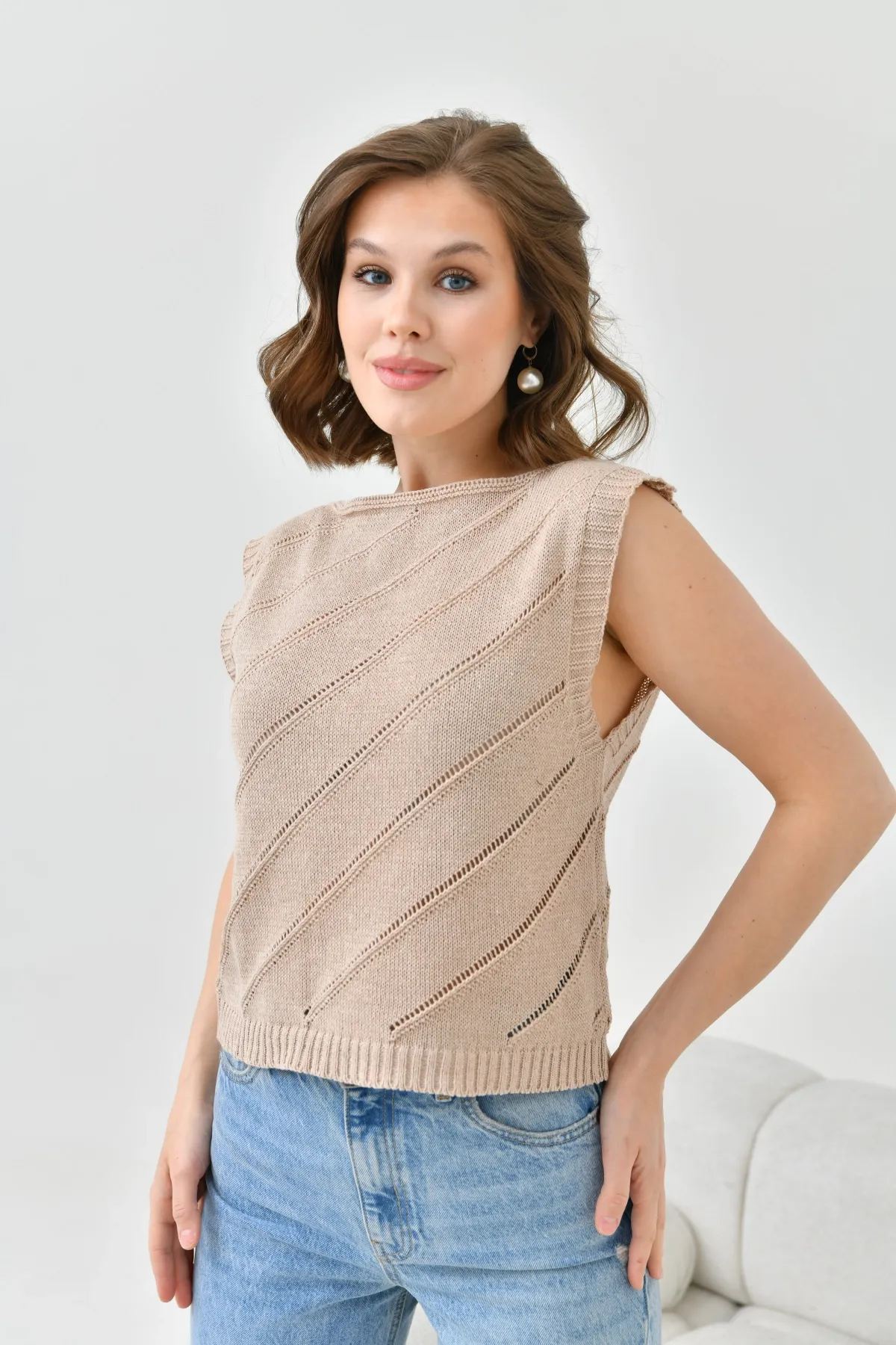 Kadın Bisiklet Yaka Örgü Detay Ajurlu Triko Sweater 8254Sw