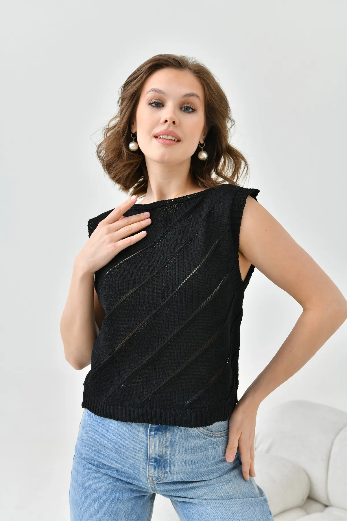 Kadın Bisiklet Yaka Örgü Detay Ajurlu Triko Sweater 8254Sw