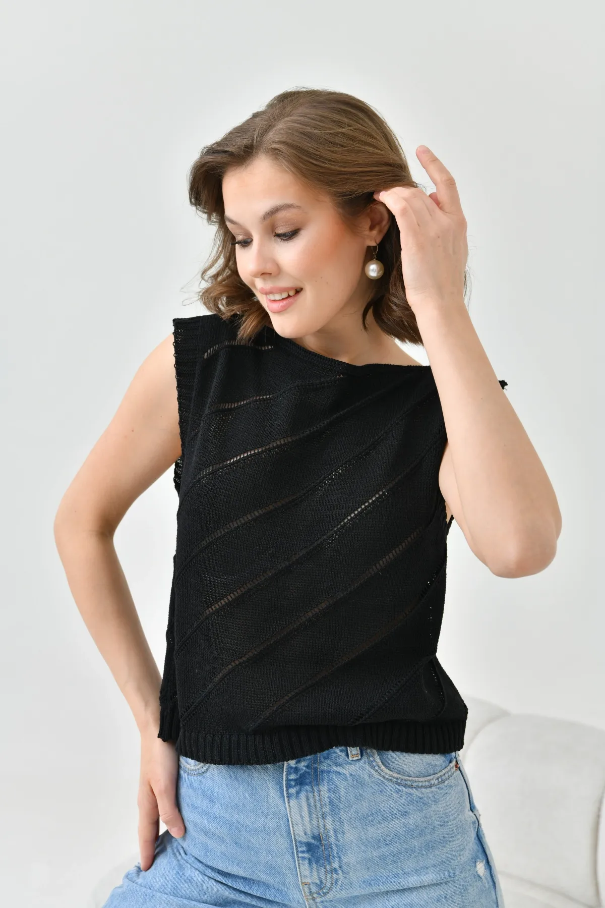 Kadın Bisiklet Yaka Örgü Detay Ajurlu Triko Sweater 8254Sw