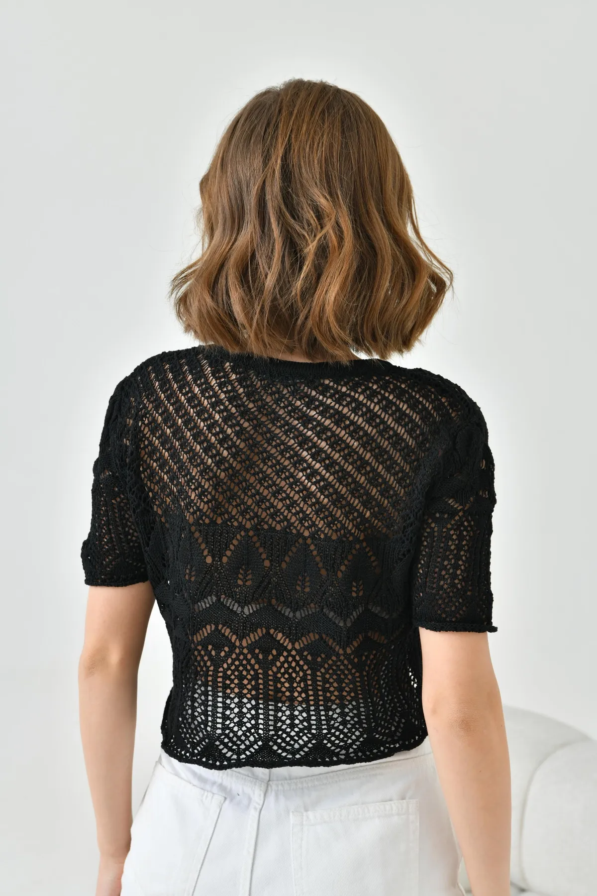 Kadın Bisiklet Yaka Ajurlu Crop Triko Bluz 8256Sw