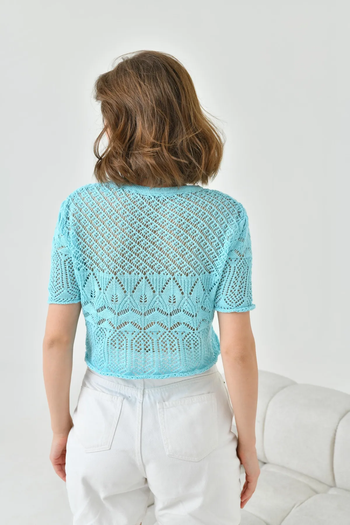 Kadın Bisiklet Yaka Ajurlu Crop Triko Bluz 8256Sw