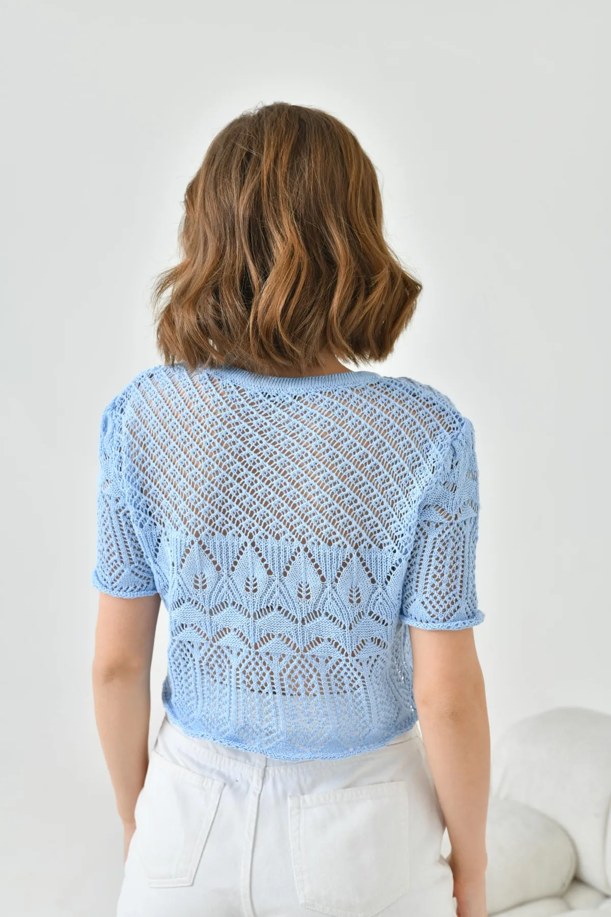 Kadın Bisiklet Yaka Ajurlu Crop Triko Bluz 8256Sw