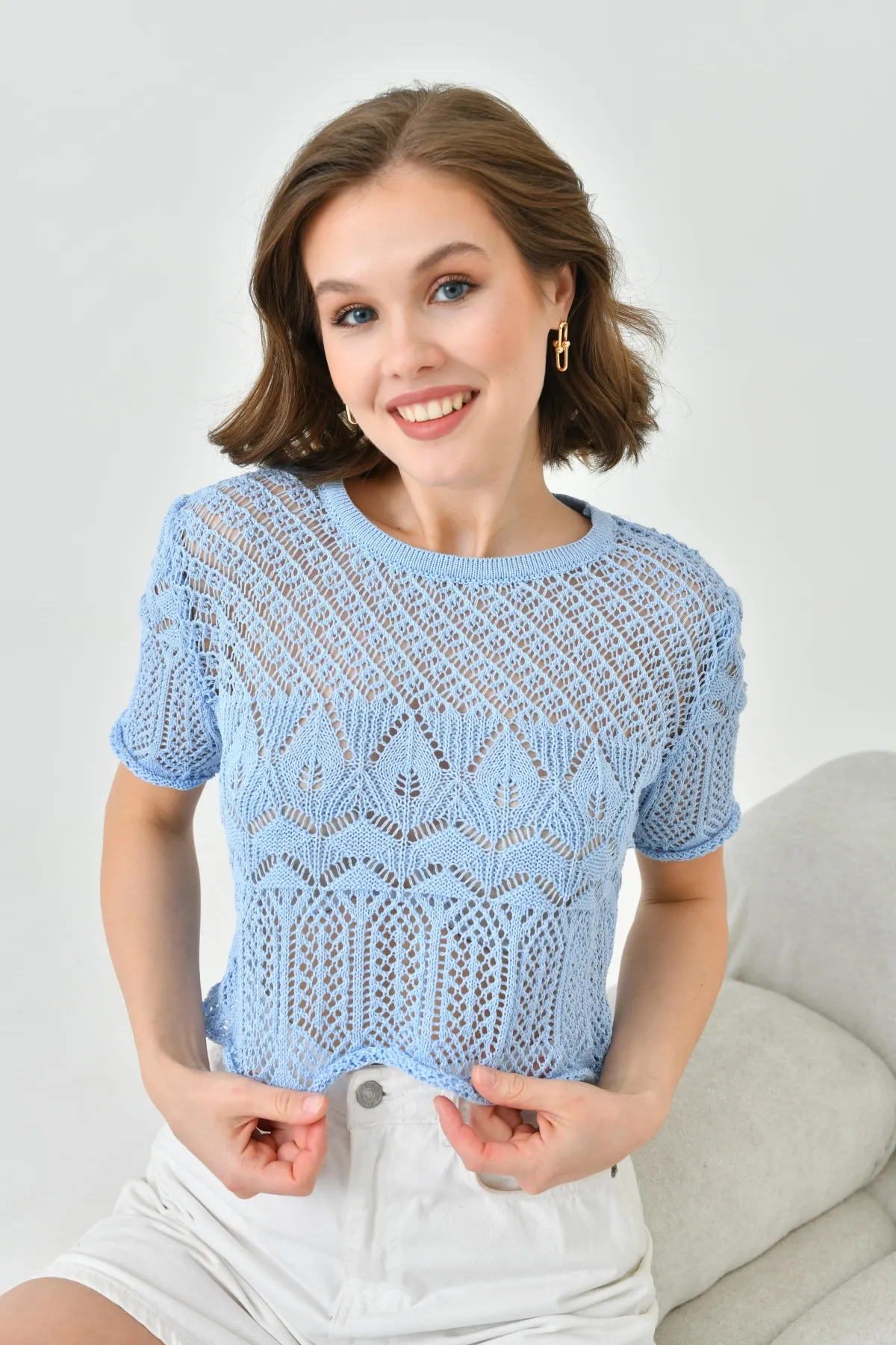 Kadın Bisiklet Yaka Ajurlu Crop Triko Bluz 8256Sw