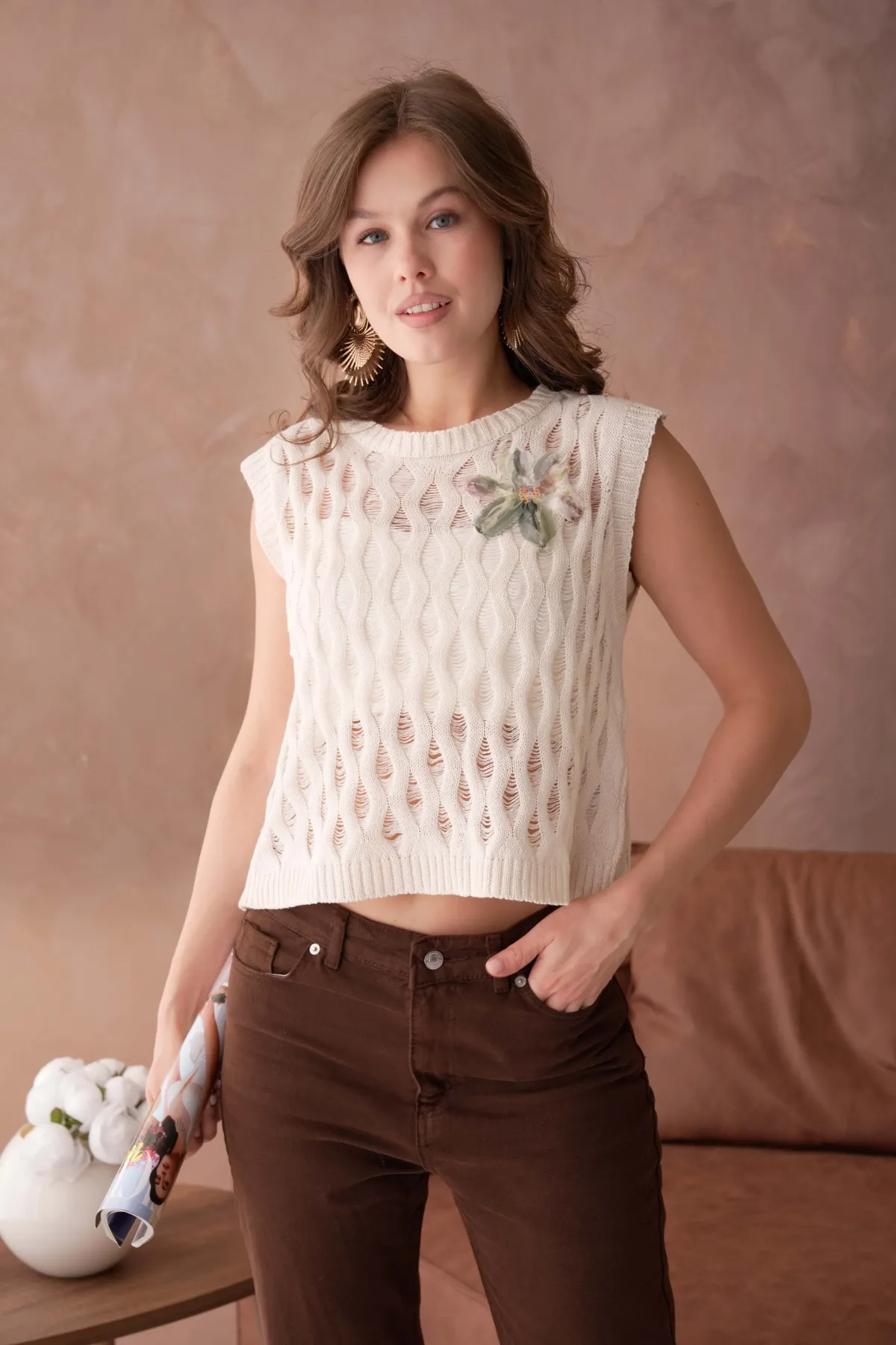 Kadın Bisiklet Yaka Ajurlu Triko Bluz 8257Sw