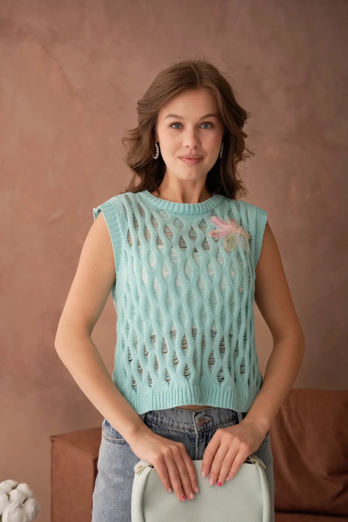 Kadın Bisiklet Yaka Ajurlu Triko Bluz 8257Sw