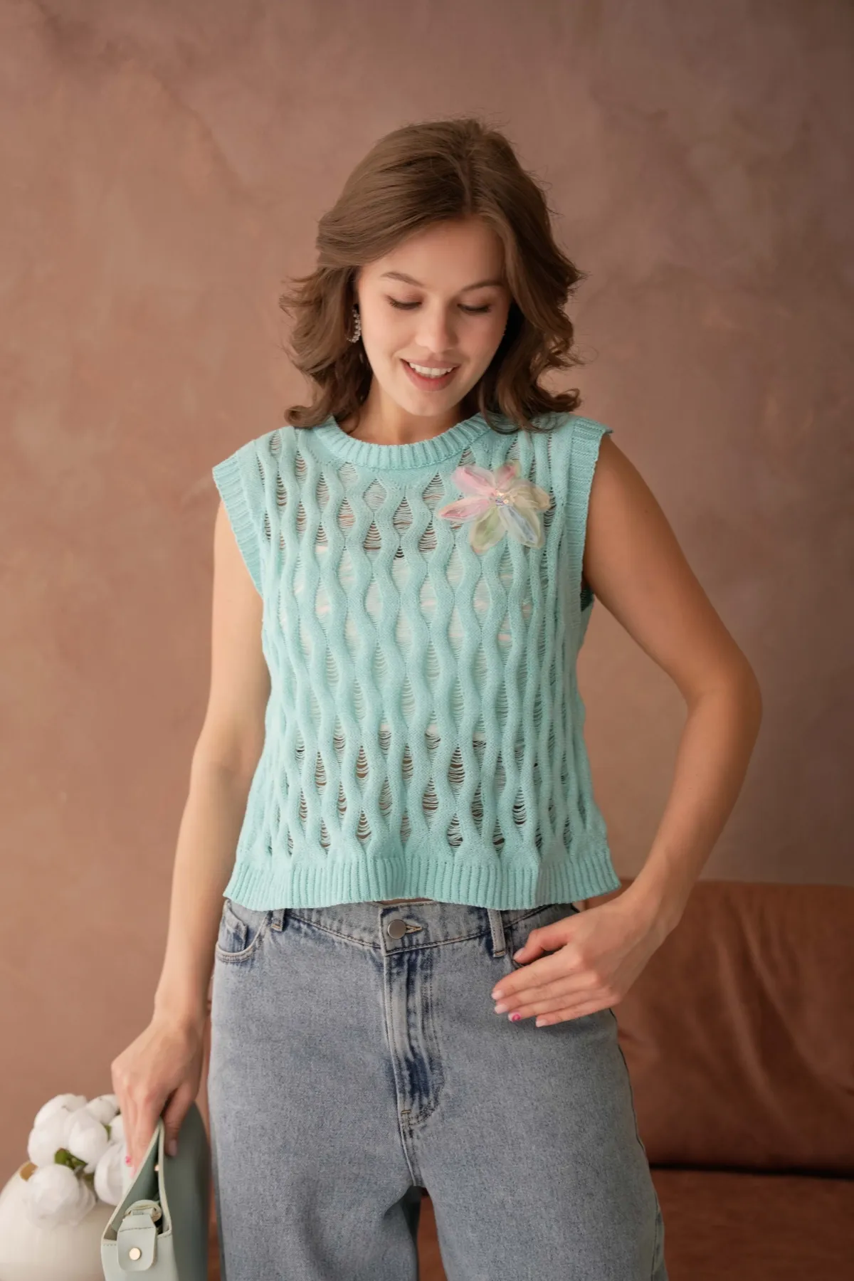 Kadın Bisiklet Yaka Ajurlu Triko Bluz 8257Sw