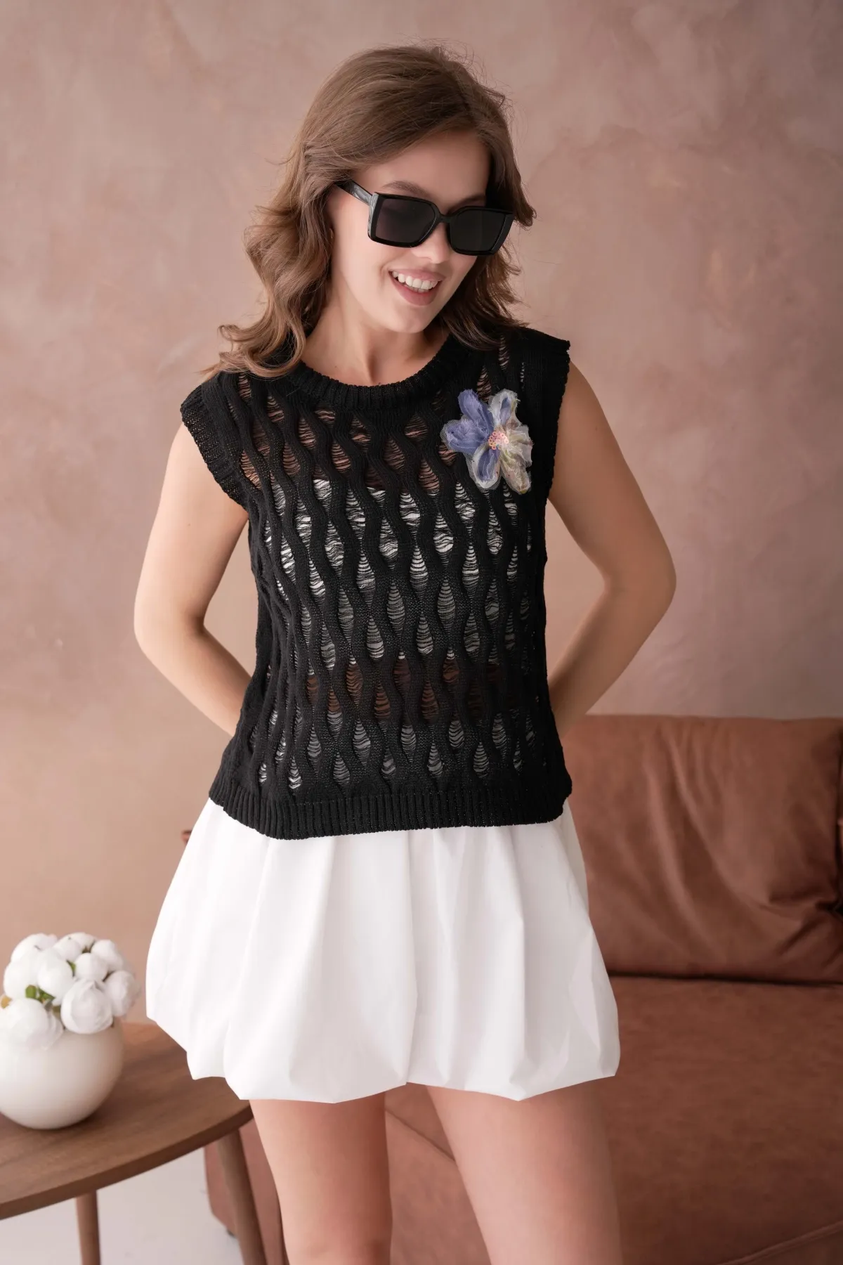 Kadın Bisiklet Yaka Ajurlu Triko Bluz 8257Sw