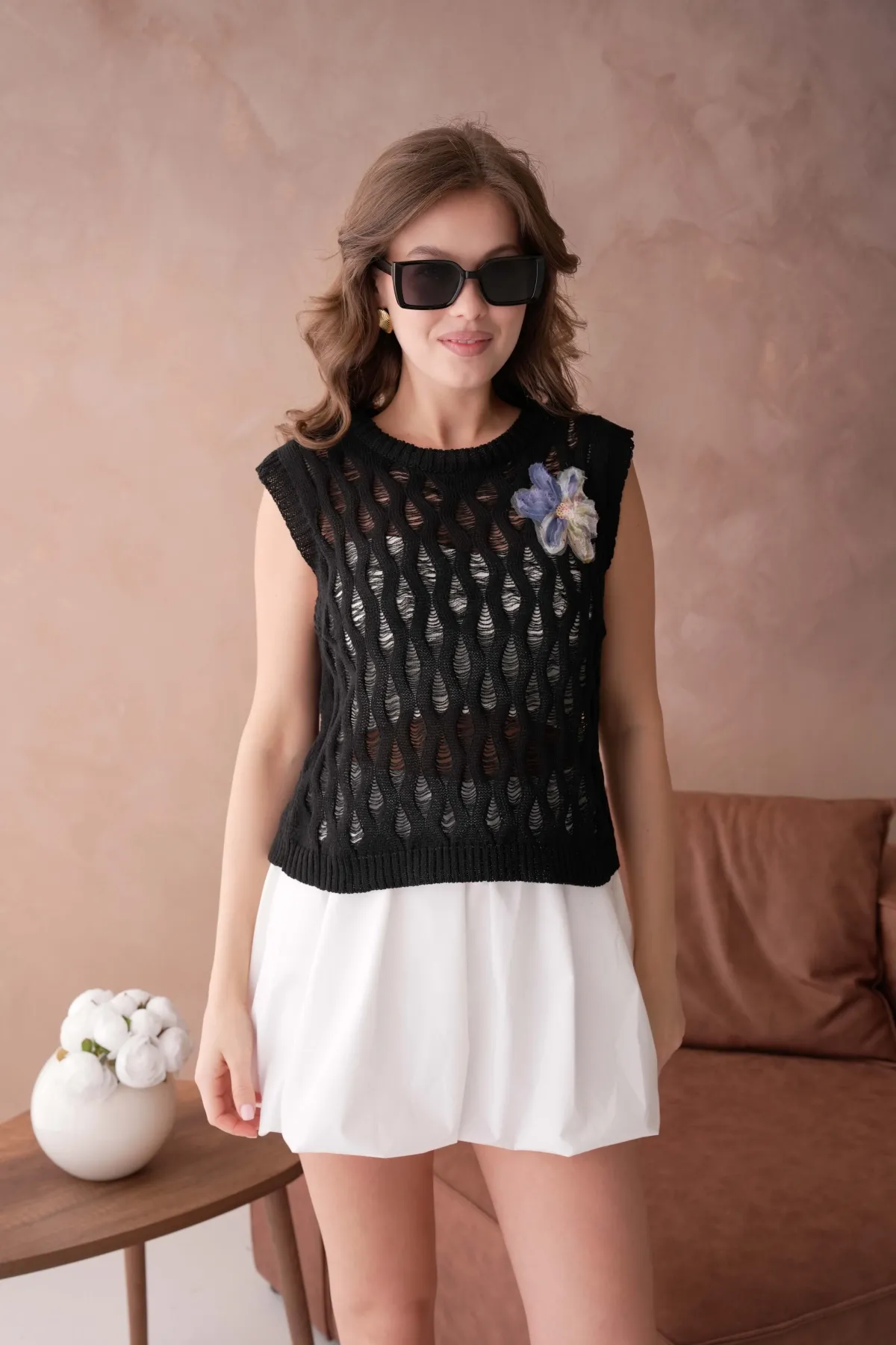 Kadın Bisiklet Yaka Ajurlu Triko Bluz 8257Sw