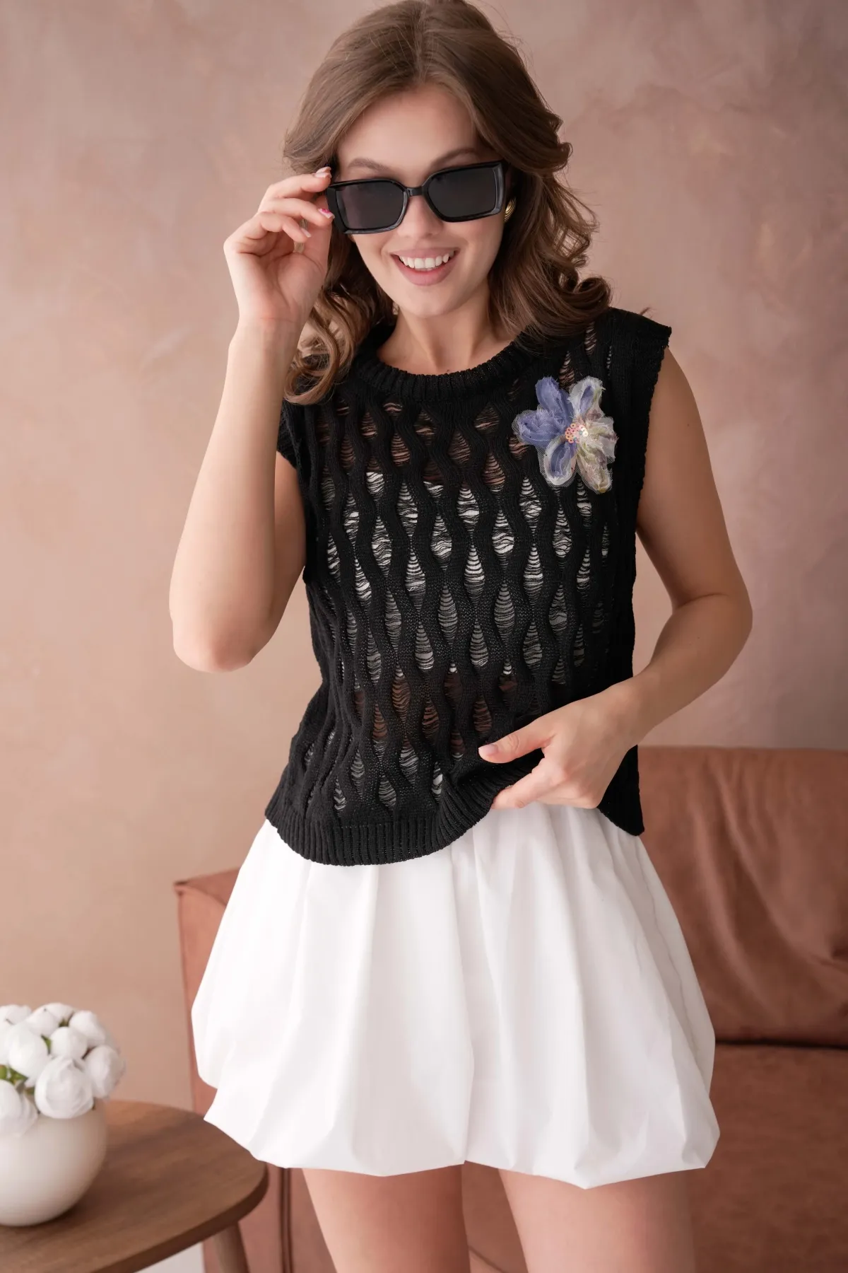 Kadın Bisiklet Yaka Ajurlu Triko Bluz 8257Sw